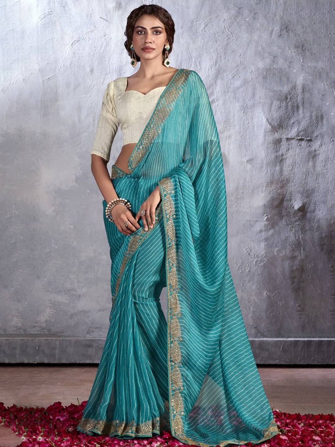 

MySilkLove Striped Sequinned Pure Georgette Saree, Blue