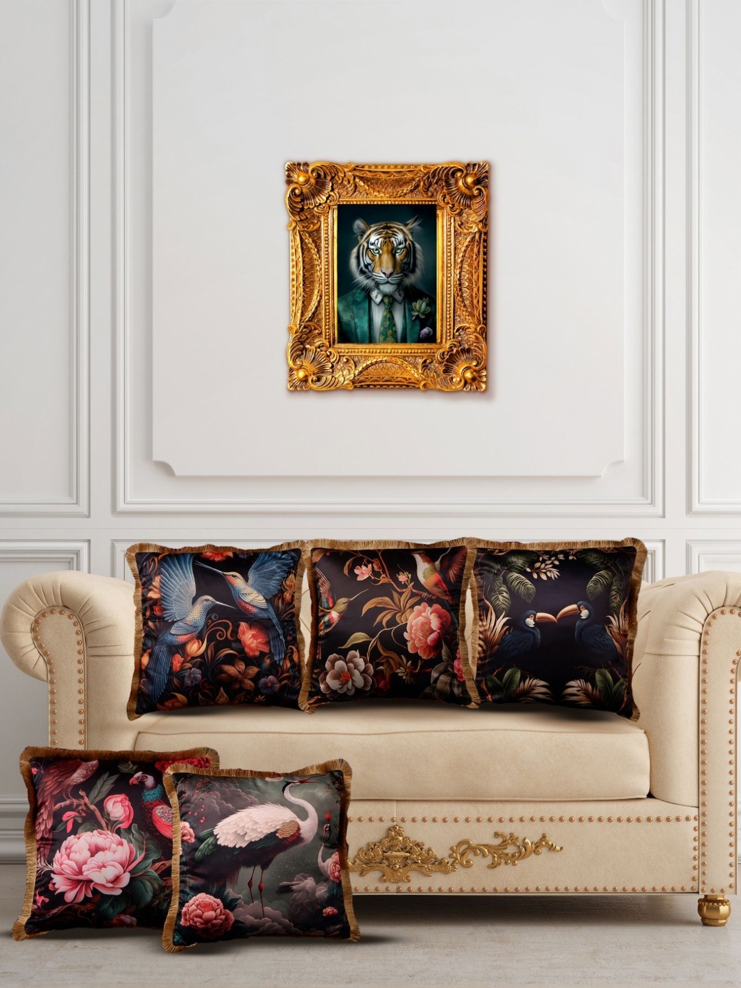 

THE WHITE INK DECOR Black & Blue 5 Piece Floral Satin Square Cushion Covers