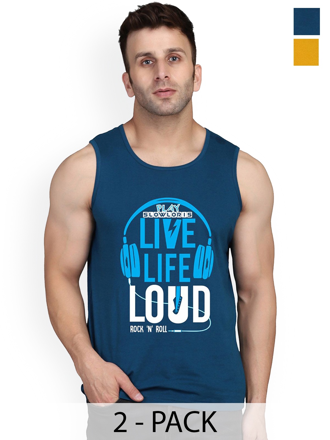 

SLOWLORIS Pack Of 2 Men Printed Gym Vests, Teal