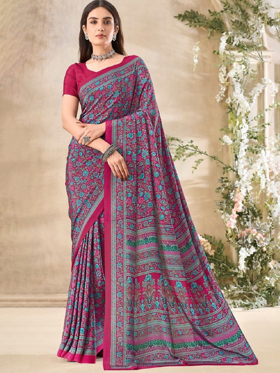 

Reboot Fashions Floral Pure Crepe Bandhani Saree, Pink