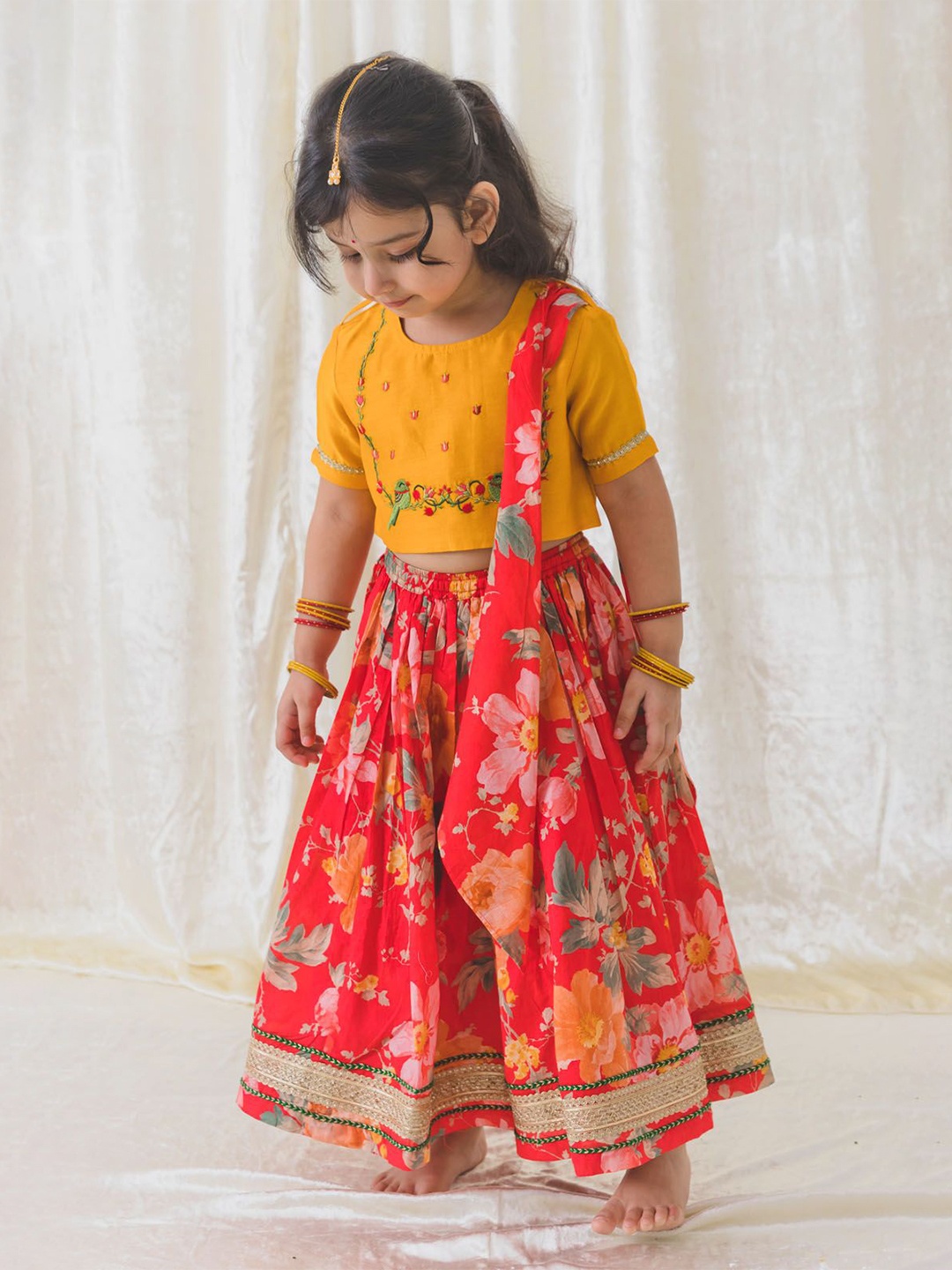 

Tiber Taber Girls Embroidered Pure Cotton Ready to Wear Lehenga & Blouse With Dupatta, Red