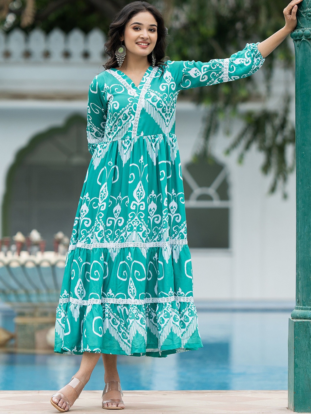 

ASPORA Abstract Printed A-Line Ethnic Dress, Green