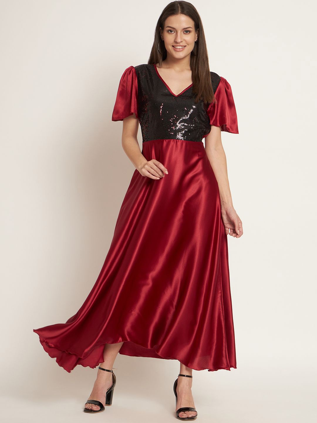 

Curvydrobe Women Embellished Satin Flared Sleeves Maxi Dress, Maroon