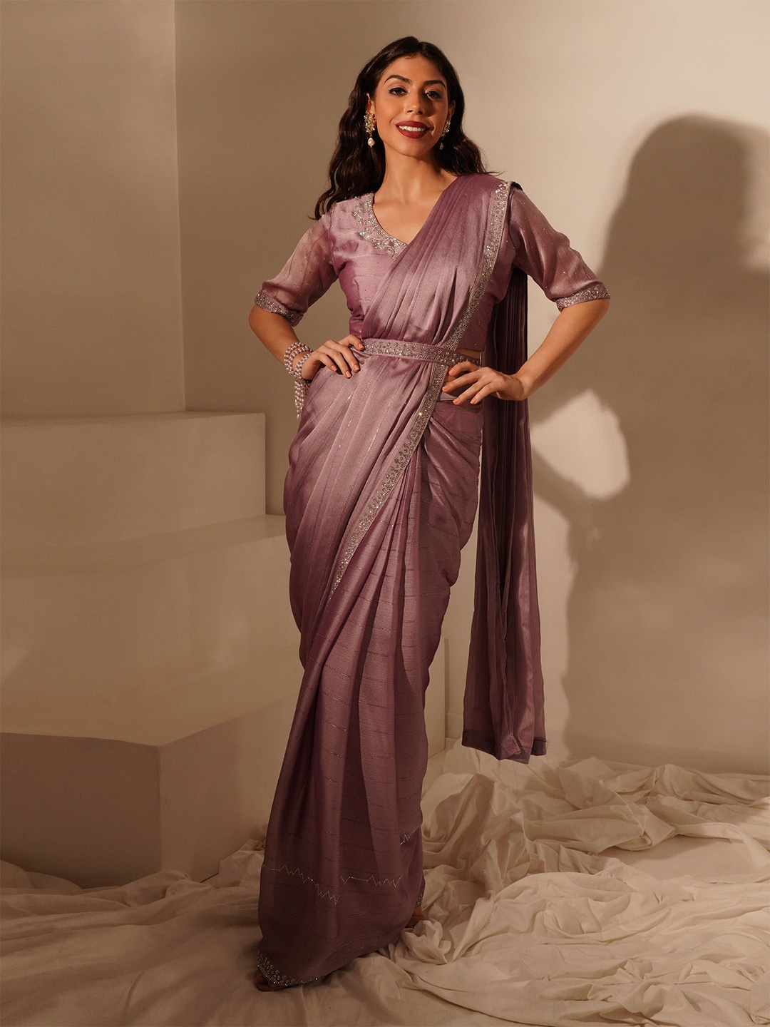 

AMOHA TRENDZ Striped Beads and Stones Pure Chiffon Ready to Wear Purple Saree, Lavender