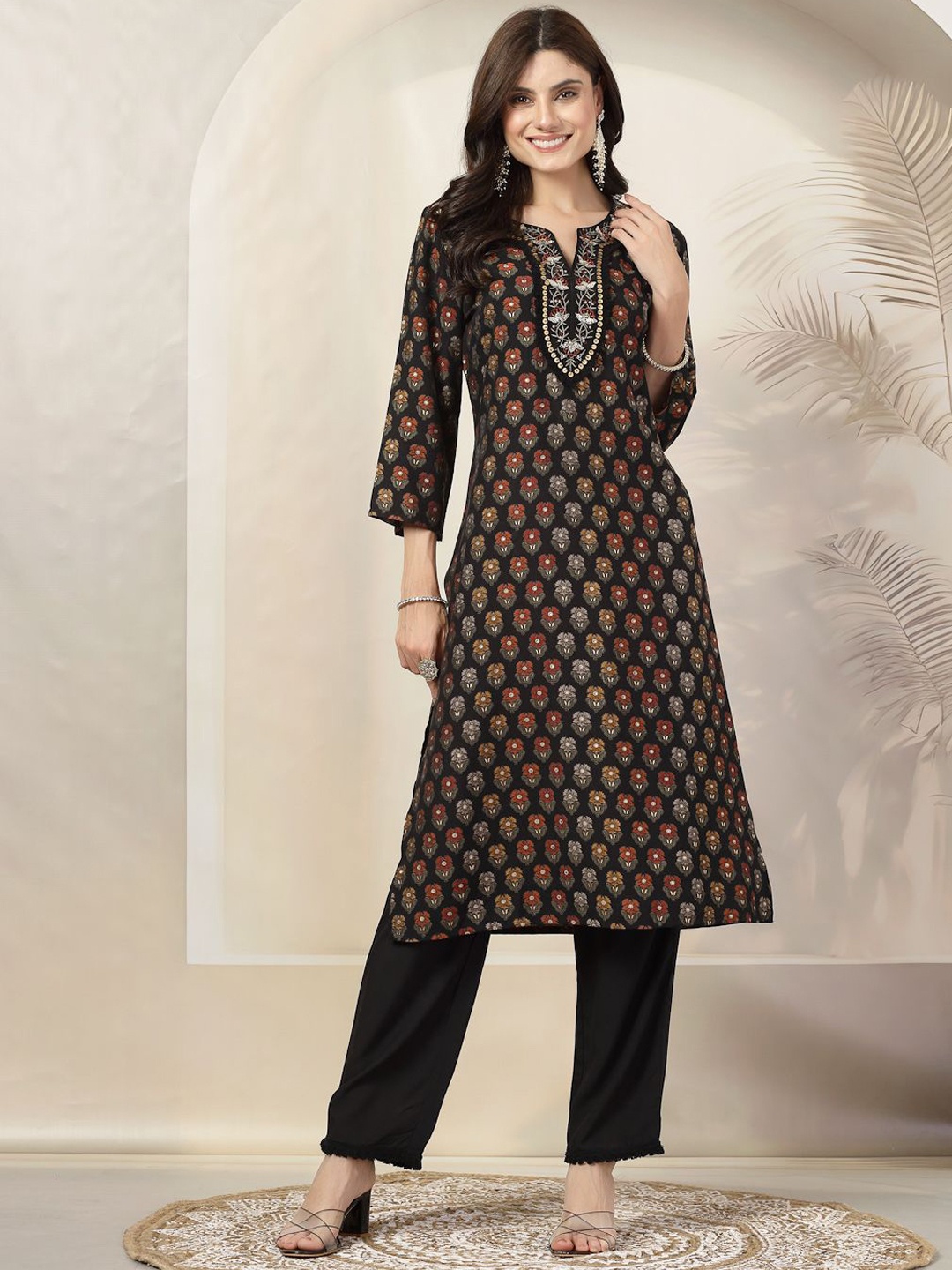 

Nayam By Lakshita Floral Printed A-Line Kurta With Palazzos & Dupatta, Black
