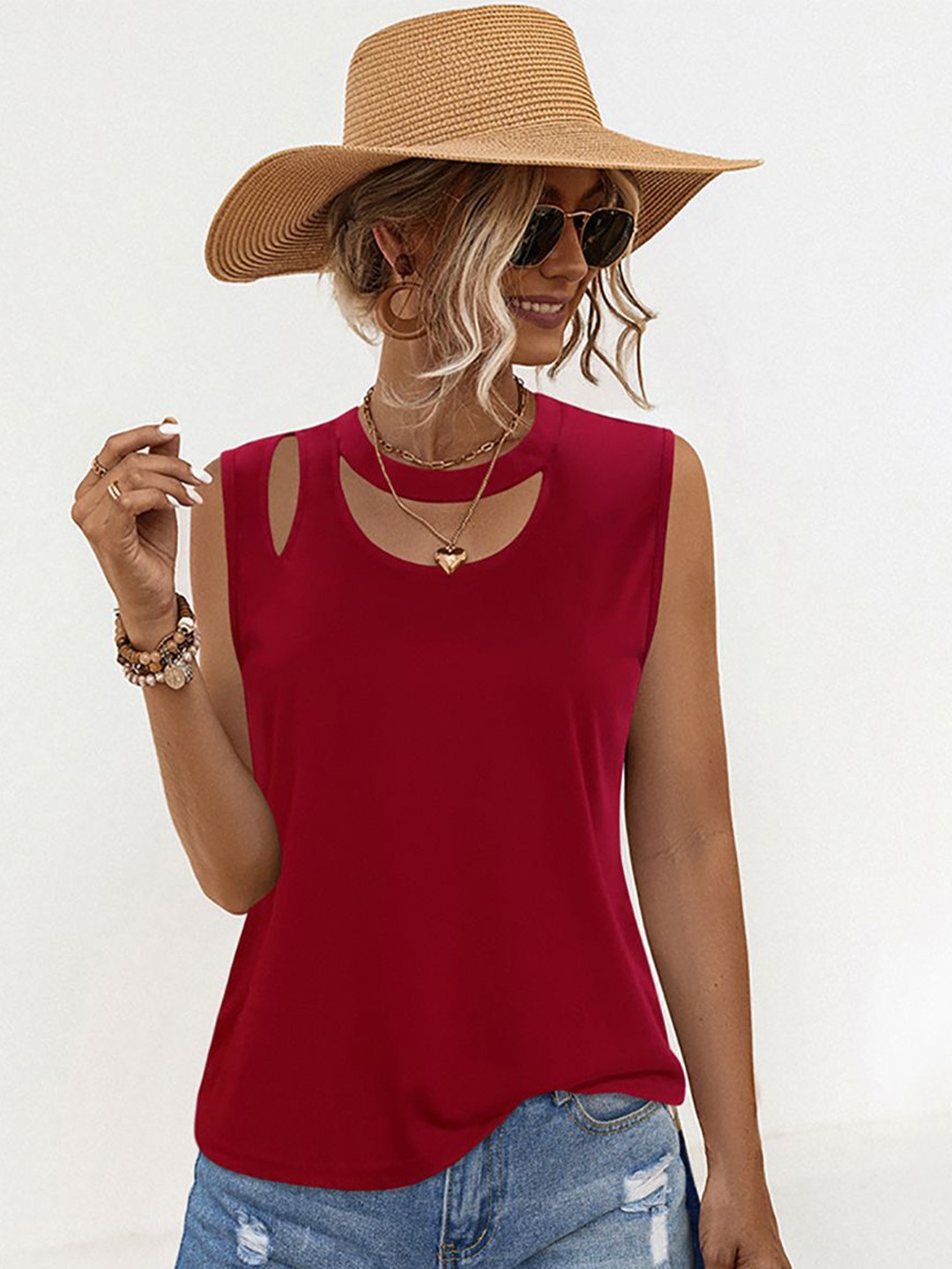 

StyleCast x Revolte Women Solid Round Neck Top, Maroon