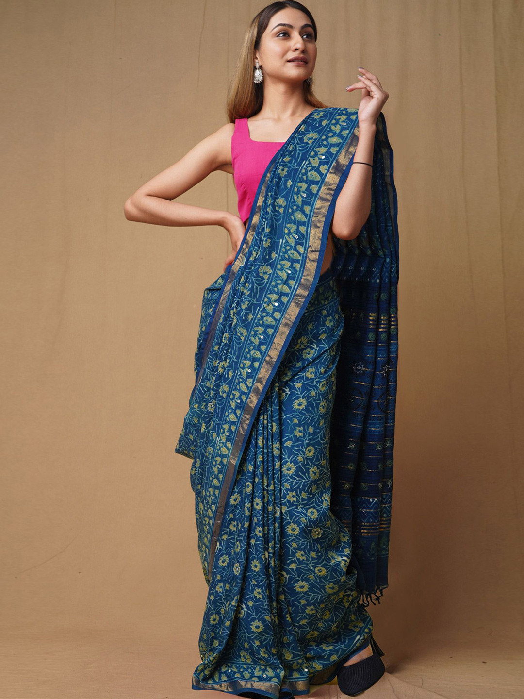 

Unnati Silks Printed Embroidered Ajrak Block Art Silk Handloom Chanderi Saree, Blue