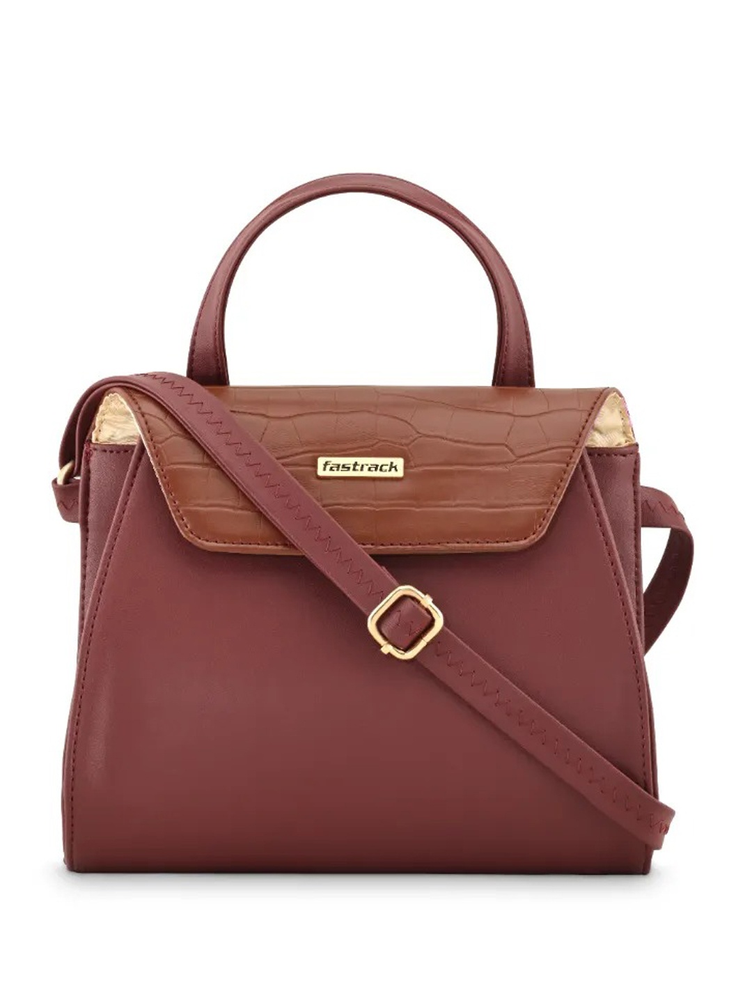 

Fastrack Colourblocked Croc Textured Detail Structured Satchel bag, Burgundy