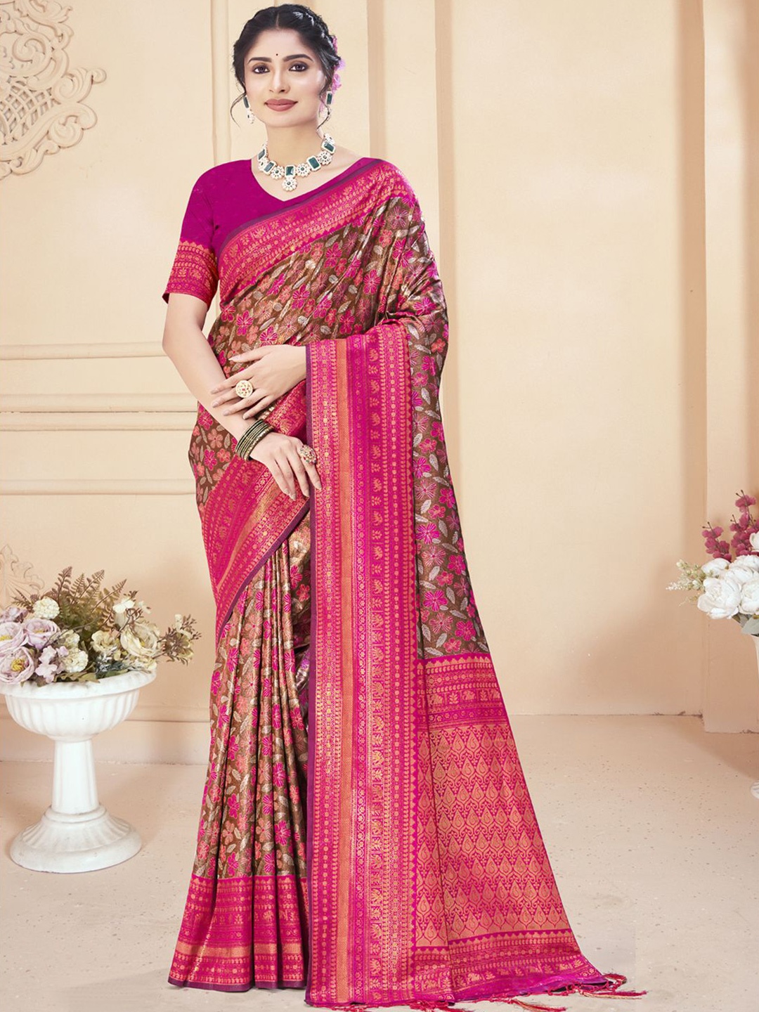 

Ishin Woven Design Zari Saree, Brown