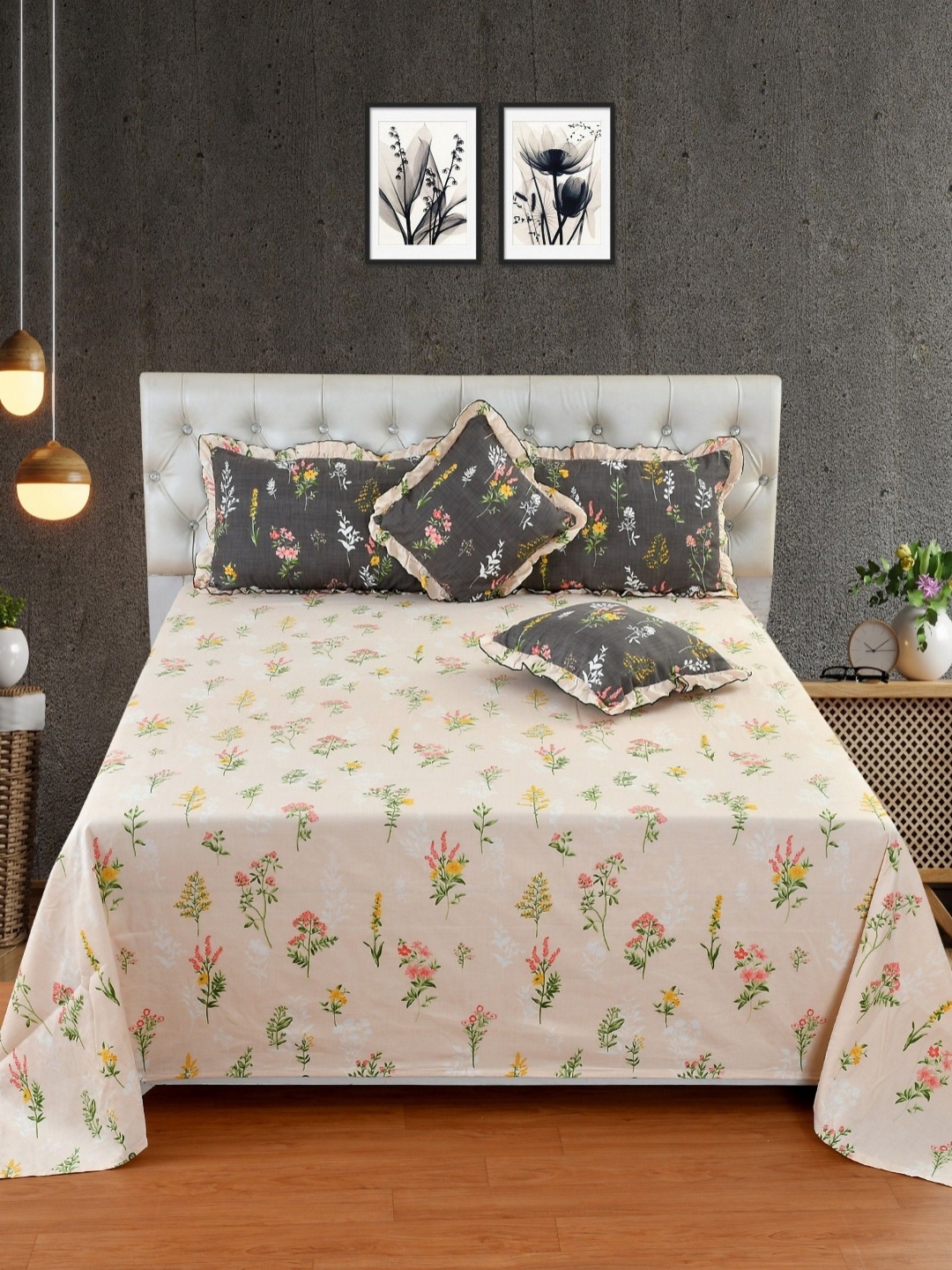 

MORADO Cream-Coloured & Grey Floral Cotton 5 Piece Double King Regular Bedding Set