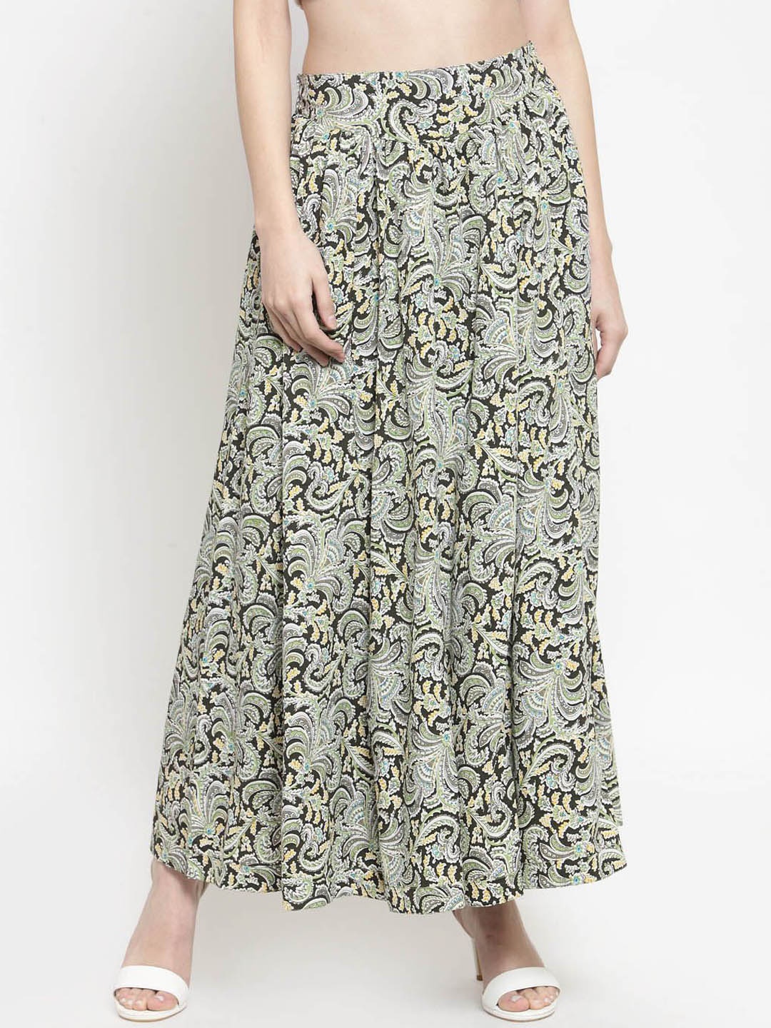 

Sera Ethnic Printed Flared Maxi Skirt, Green