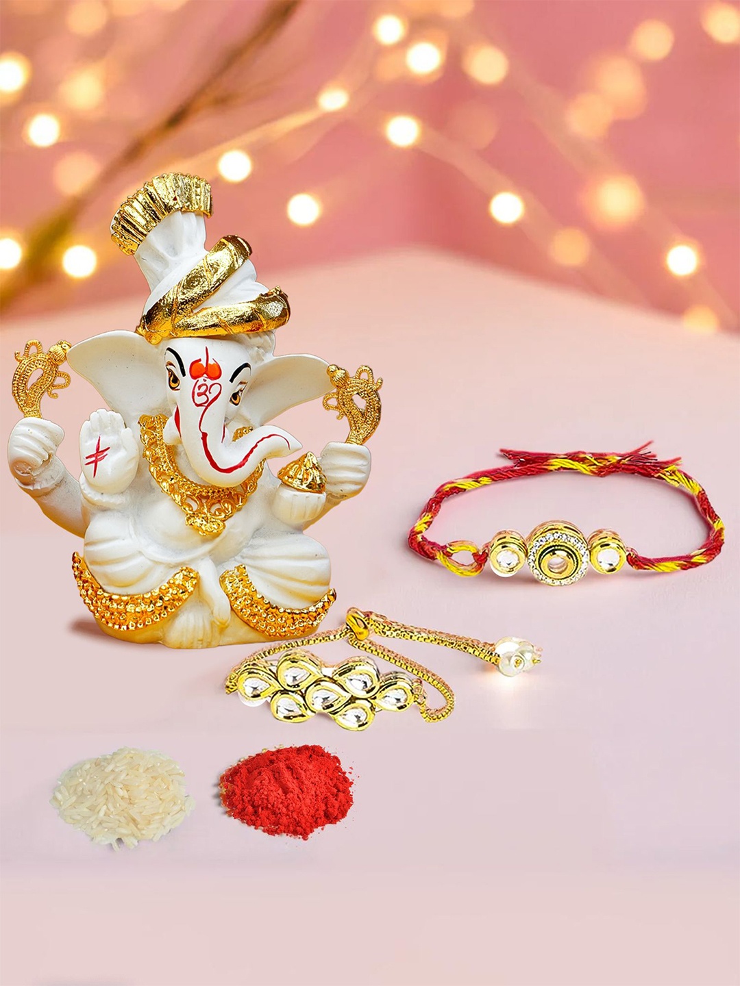 

Ekhasa Set Of 2 Bhaiya Bhabhi Rakhi With Ganesha Idol & Roli Chawal Rakhi Gift Set, Red