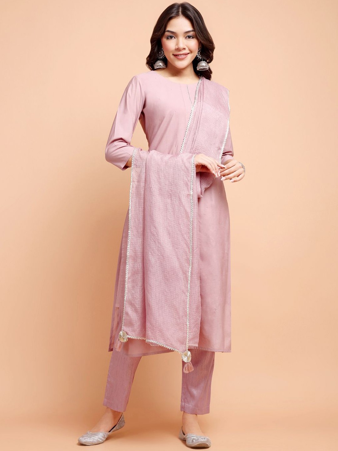 

ALANKARI Straight Gotta Patti Chanderi Cotton Kurta with Trousers & Dupatta, Mauve