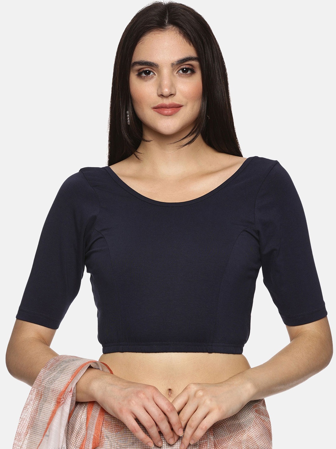 

NOT YET by us Printed Round Neck Stretchable Saree Blouse, Navy blue