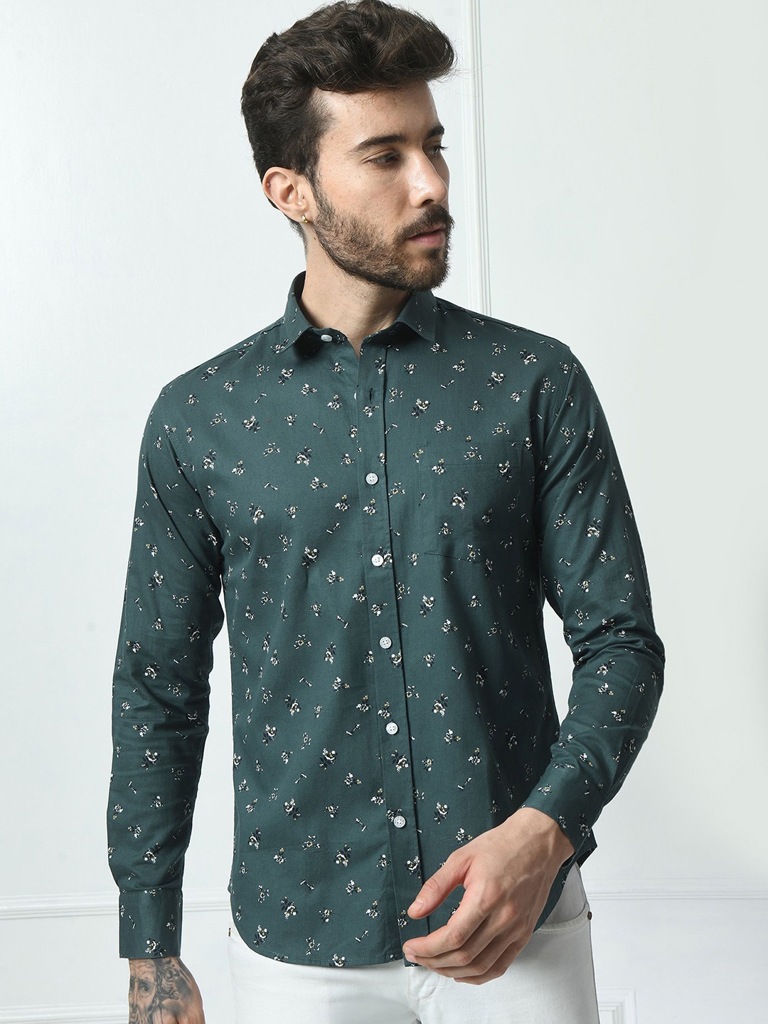 

PEBCO Men Classic Spread Collar Micro Ditsy Printed Cotton Slim Fit Casual Shirt, Green