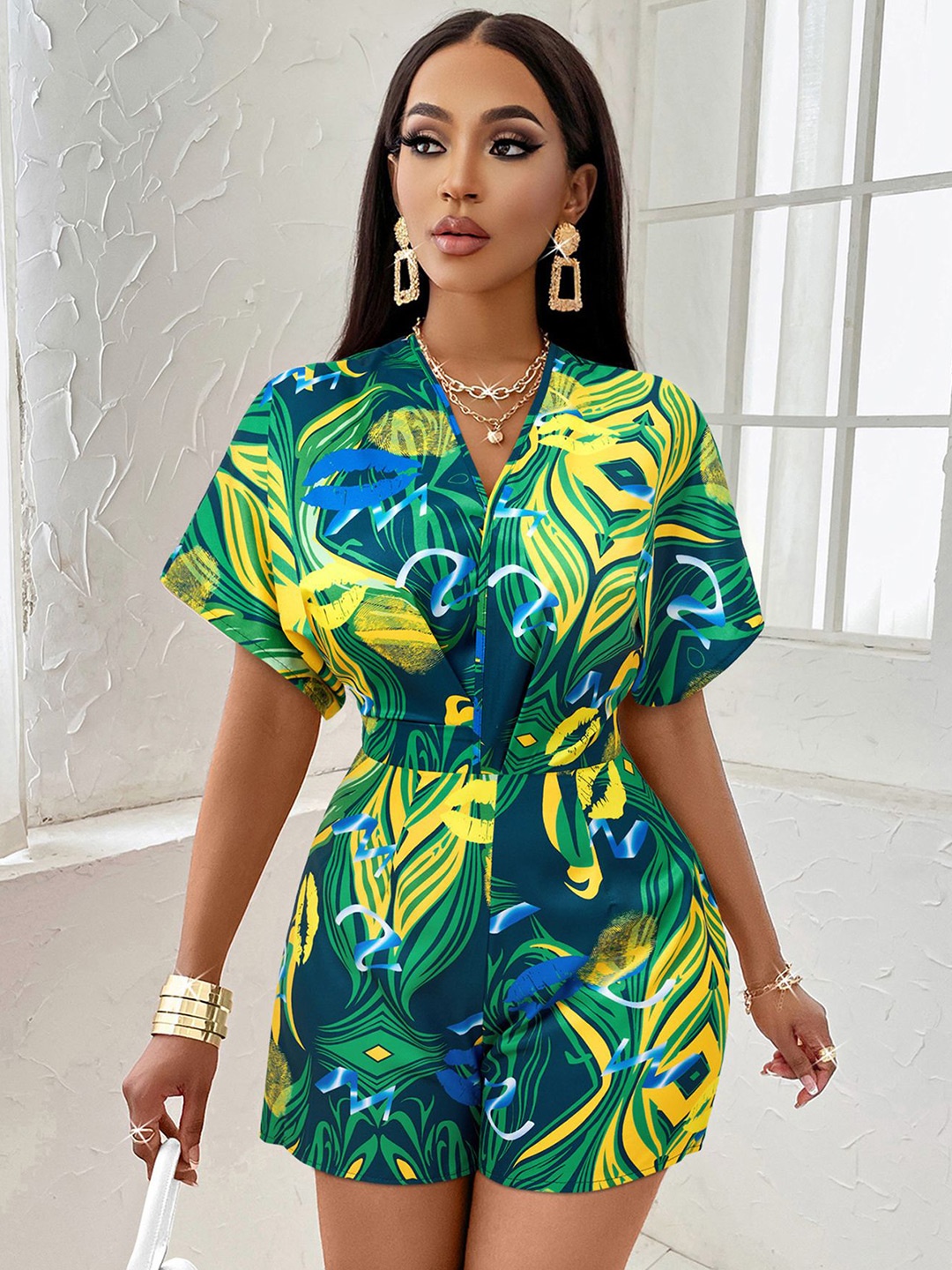 

StyleCast x Revolte V-Neck Printed Playsuit, Green