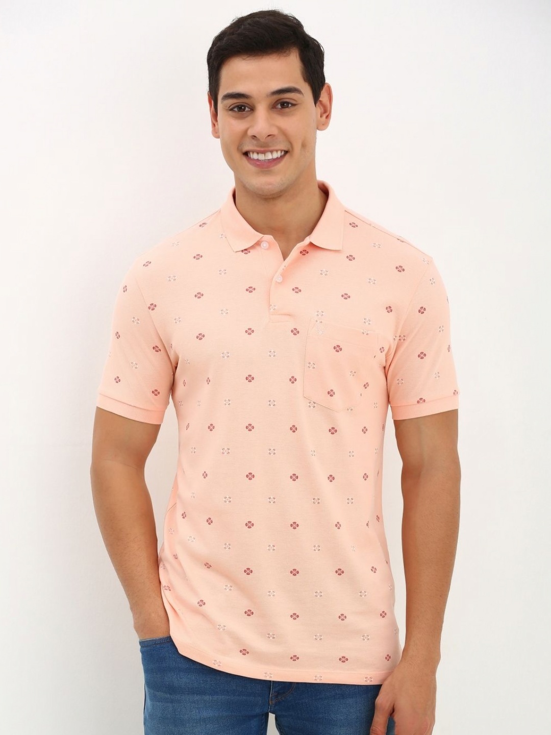 

Allen Solly Men Floral Printed Floral Print Polo Collar Cotton T-shirt, Peach