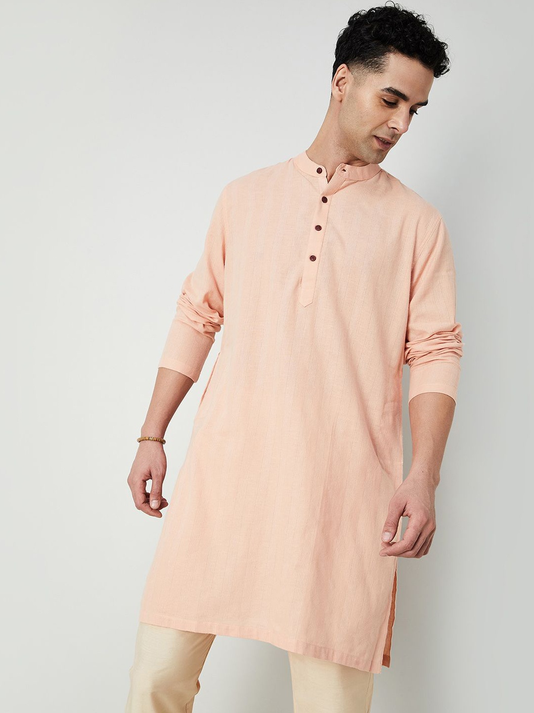 

Melange by Lifestyle Band Collar Long Sleeves Cotton Straight Kurta, Coral