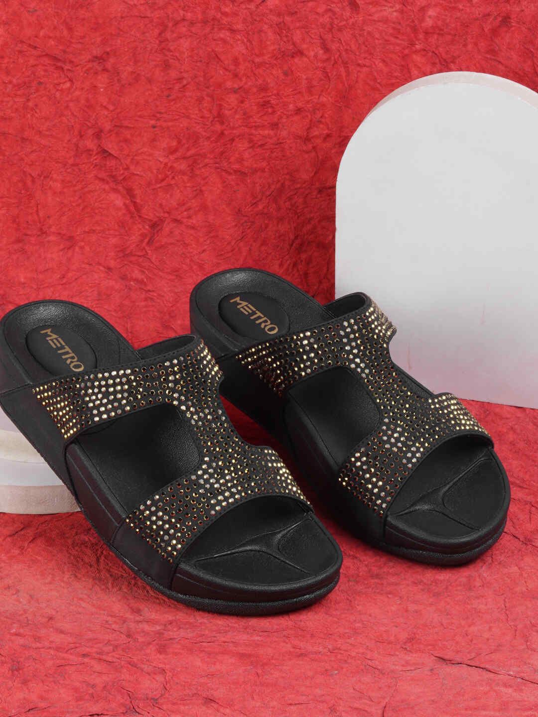

Metro Women Embellished Synthetic Slip-On Open Toe Flats, Black
