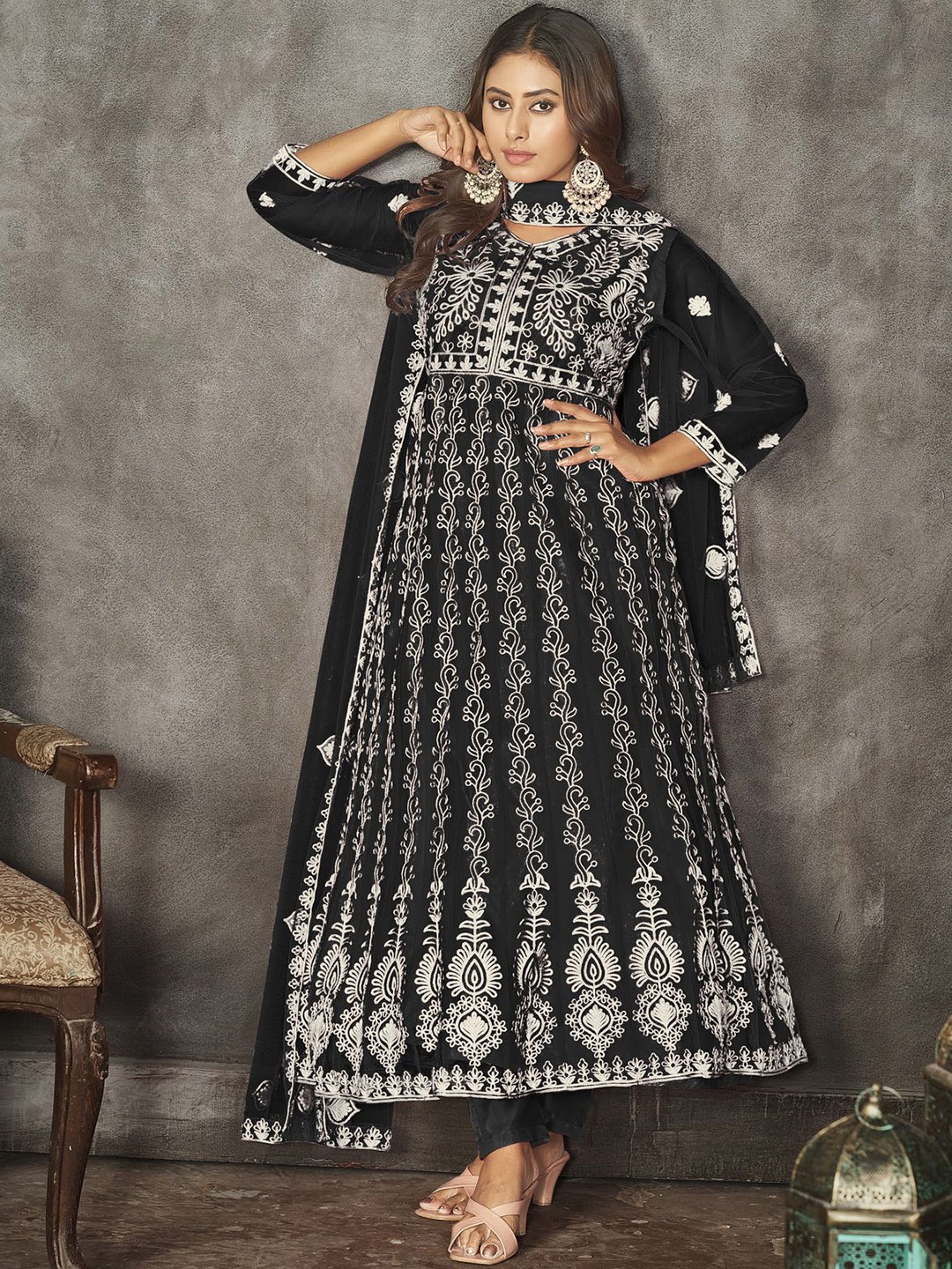 

Warthy Ent Floral Embroidered Net Semi-Stitched Dress Material, Black