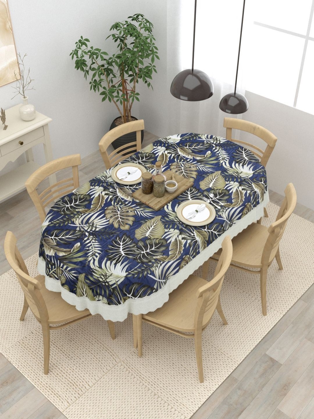

Clasiko Blue & Brown Floral Printed Anti Slip Oval 6 Seater Table Cover