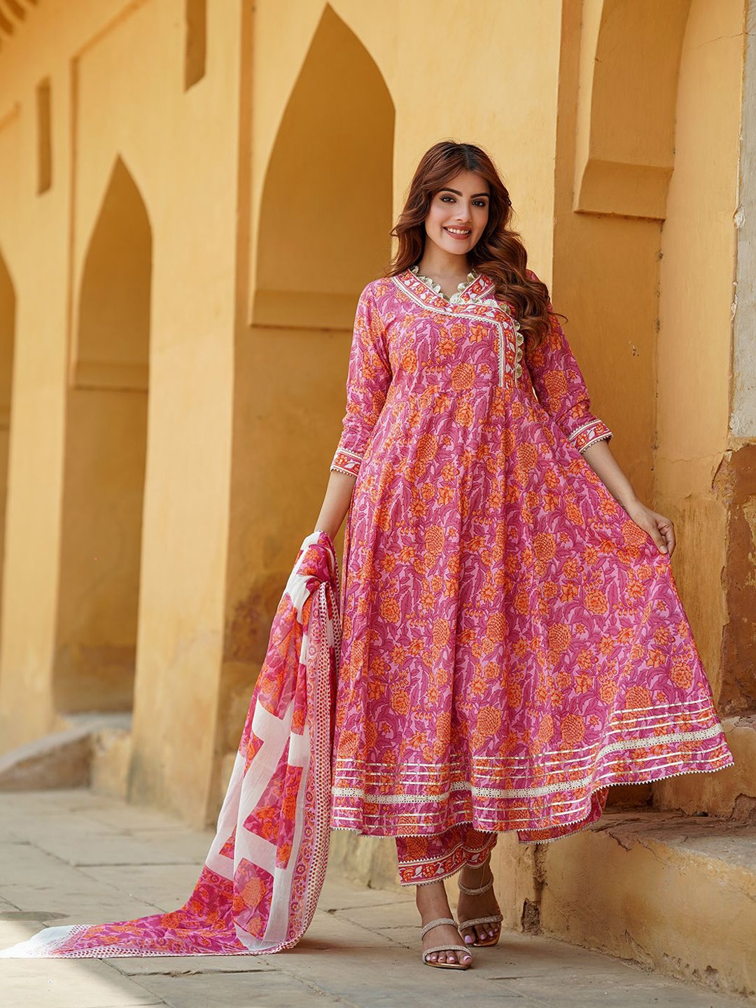 

KALINI Floral Printed Angrakha Pure Cotton Anarkali Kurta With Trousers & Dupatta, Pink