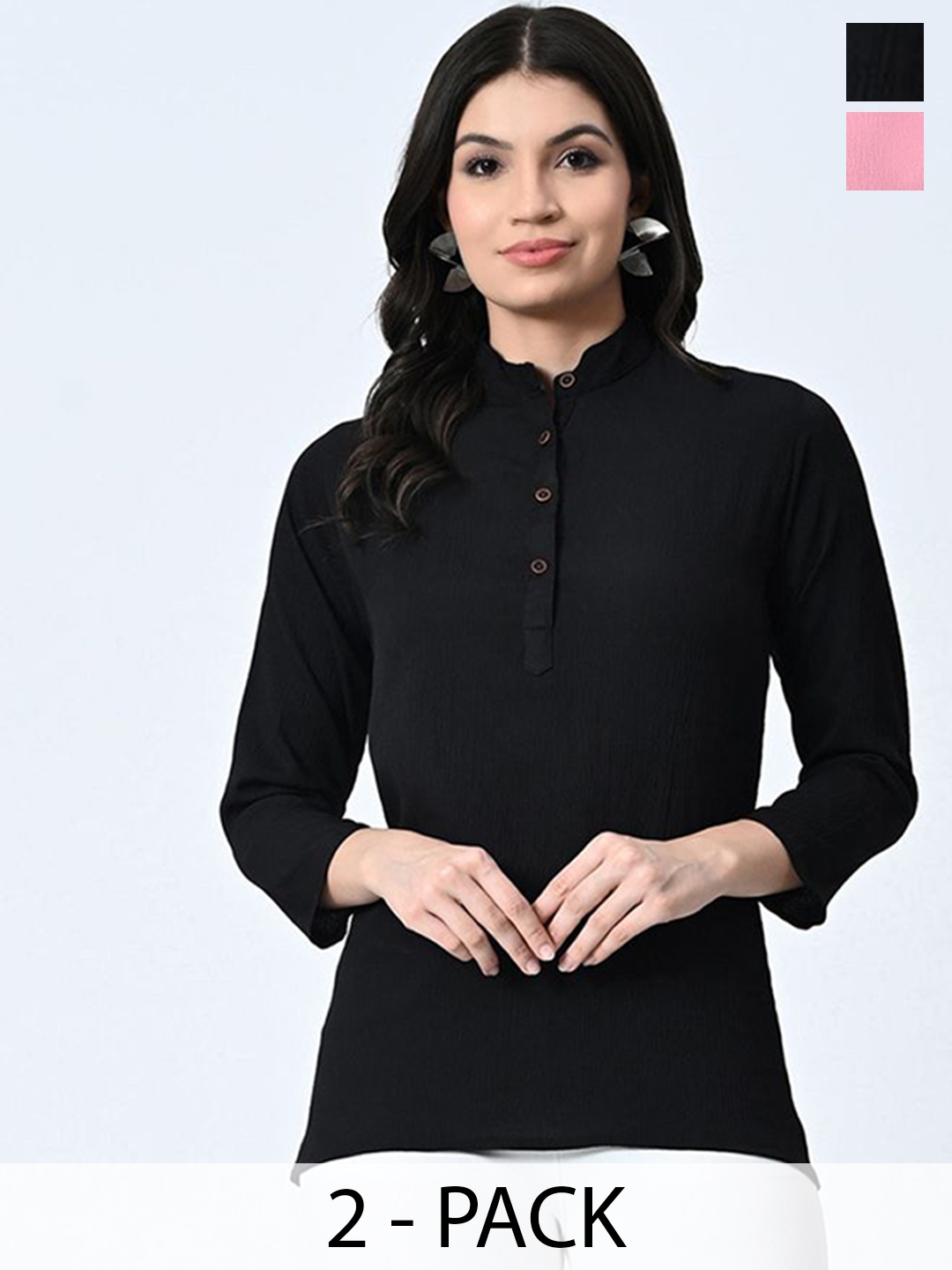 

BAESD Pack of 2 Mandarin Collar Crepe Straight Top, Black