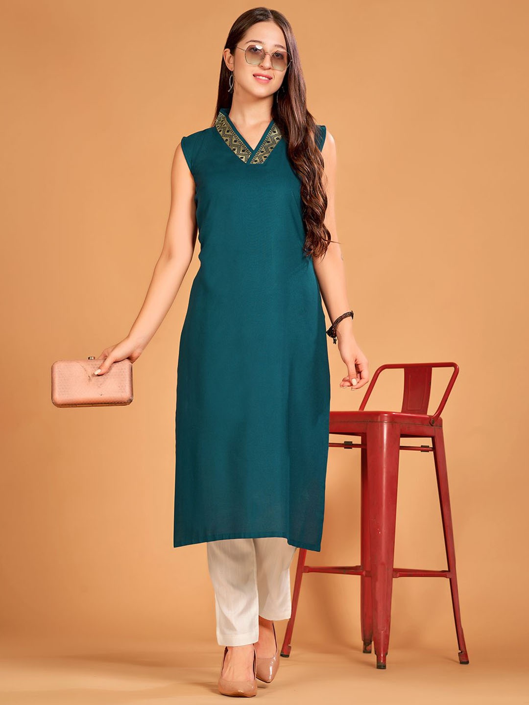 

FORKEY V-Neck Straight Kurta, Teal