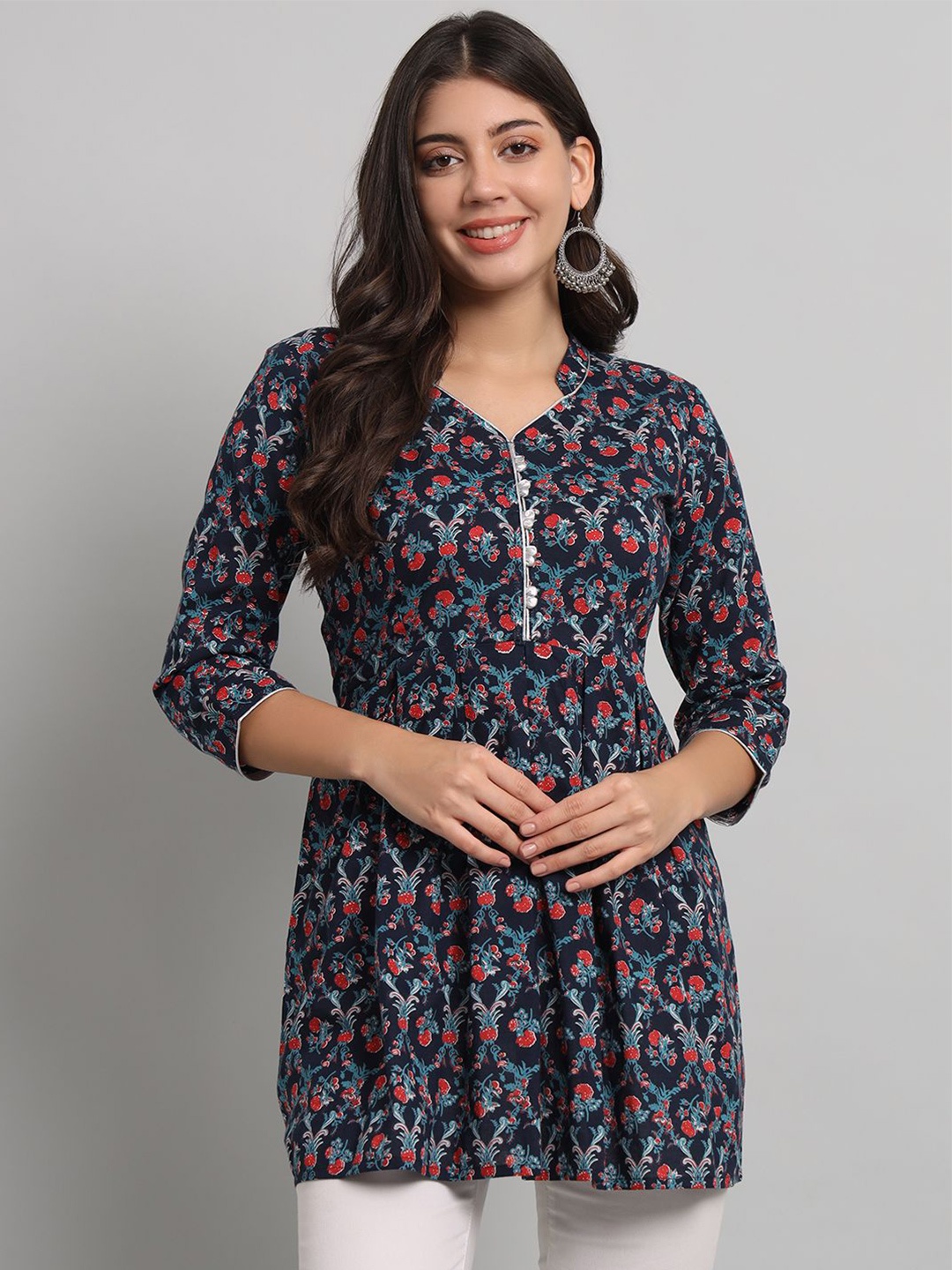 

Anouk Women Floral Printed Mandarin Collar Pure Cotton Short Kurti, Blue
