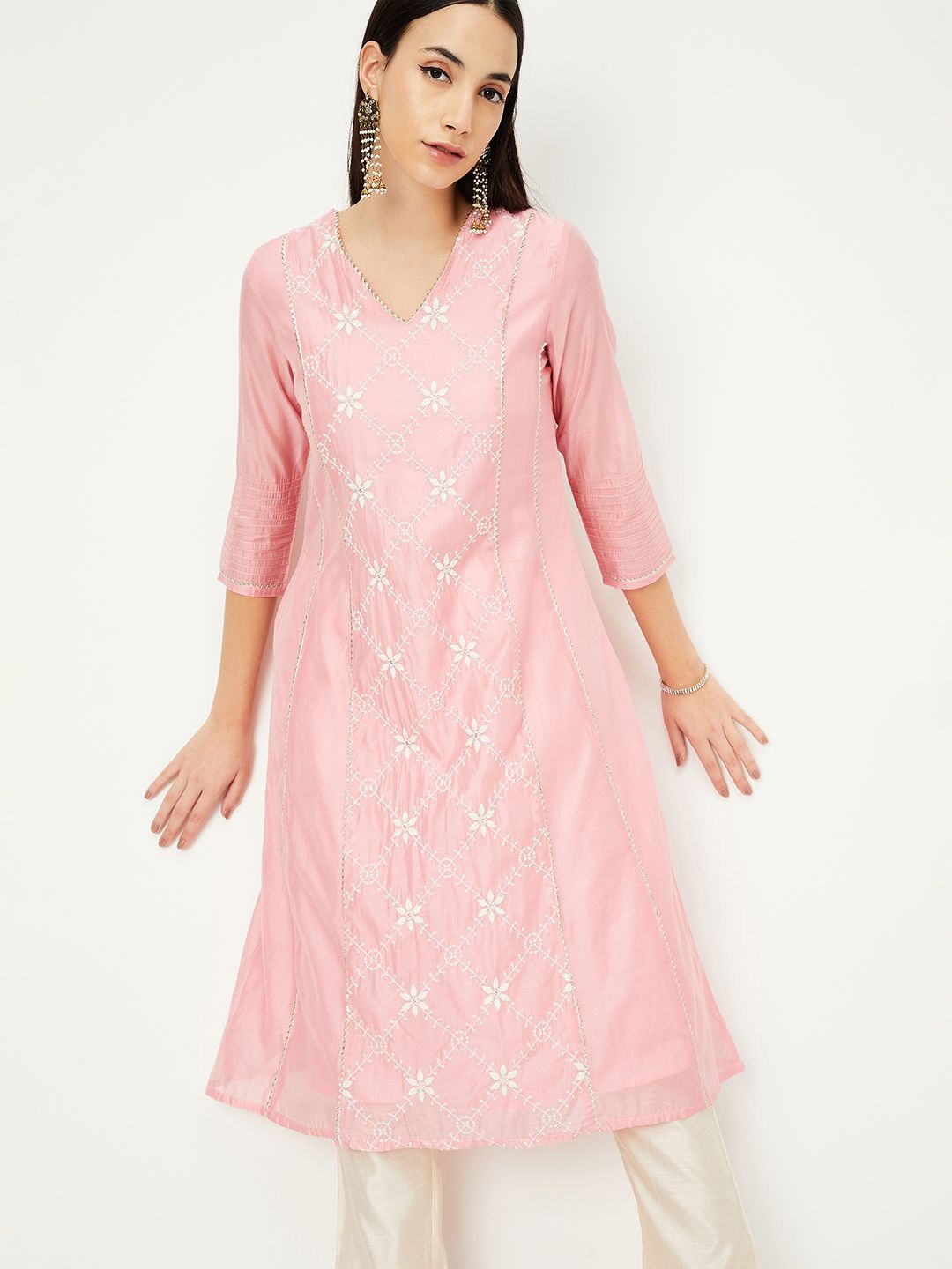 

max Floral Embroidered Gotta Patti Cotton Panelled A-Line Kurta, Pink