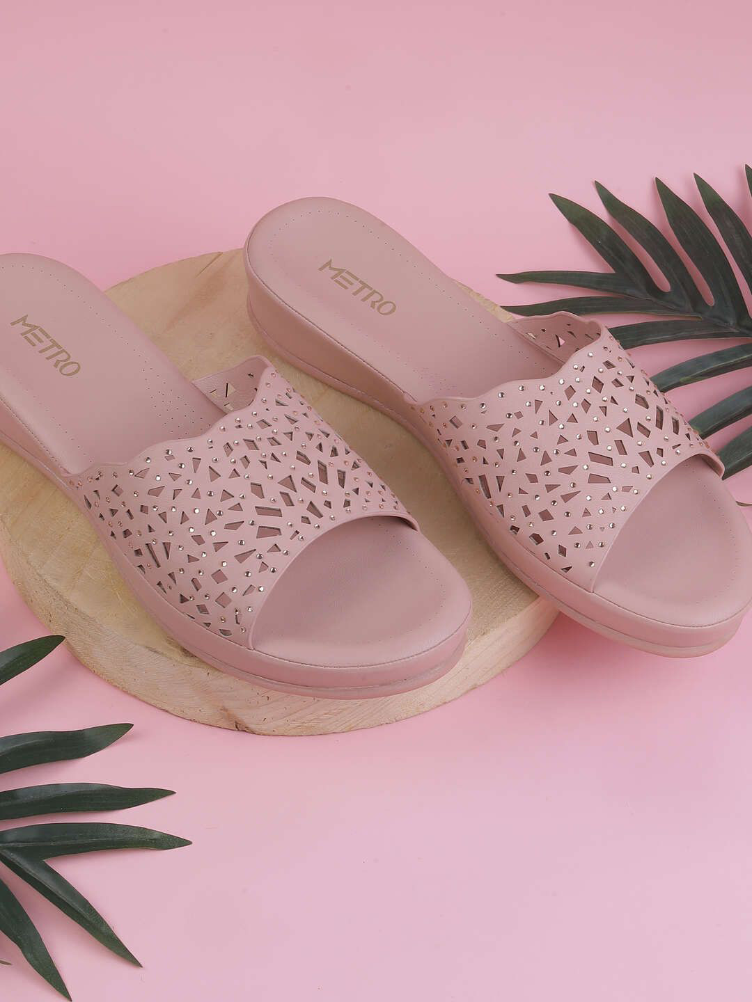 

Metro Women Flatform Heels Sandals With Laser Cuts, Peach