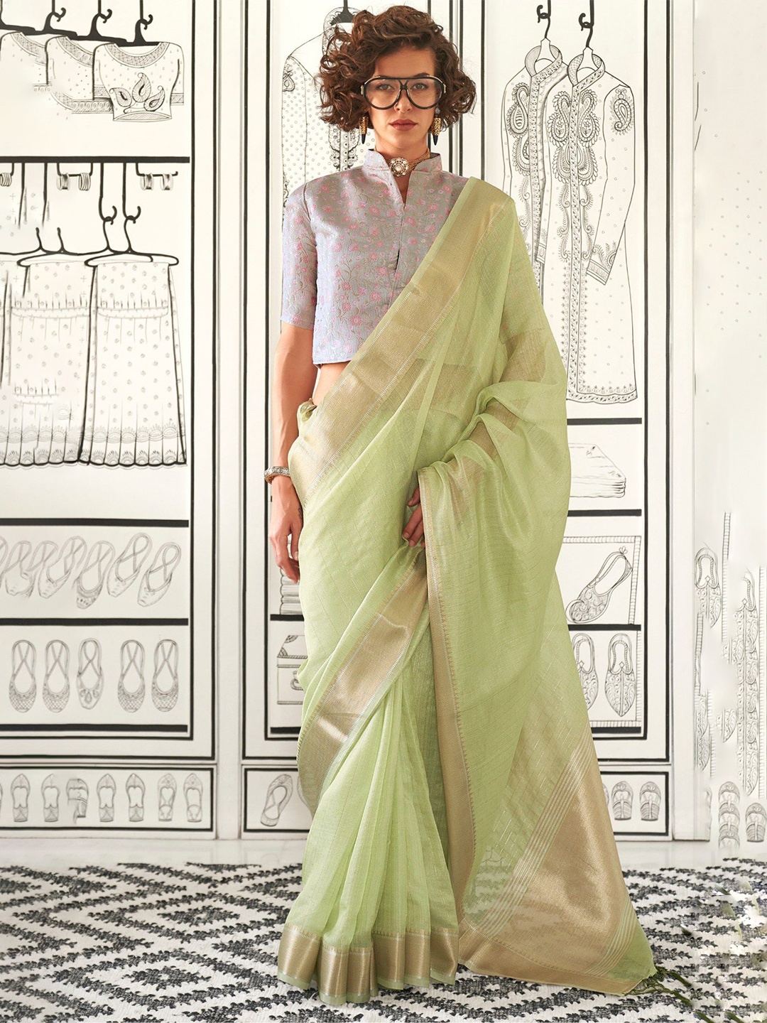 

MySilkLove Striped Zari Silk Blend Saree, Green