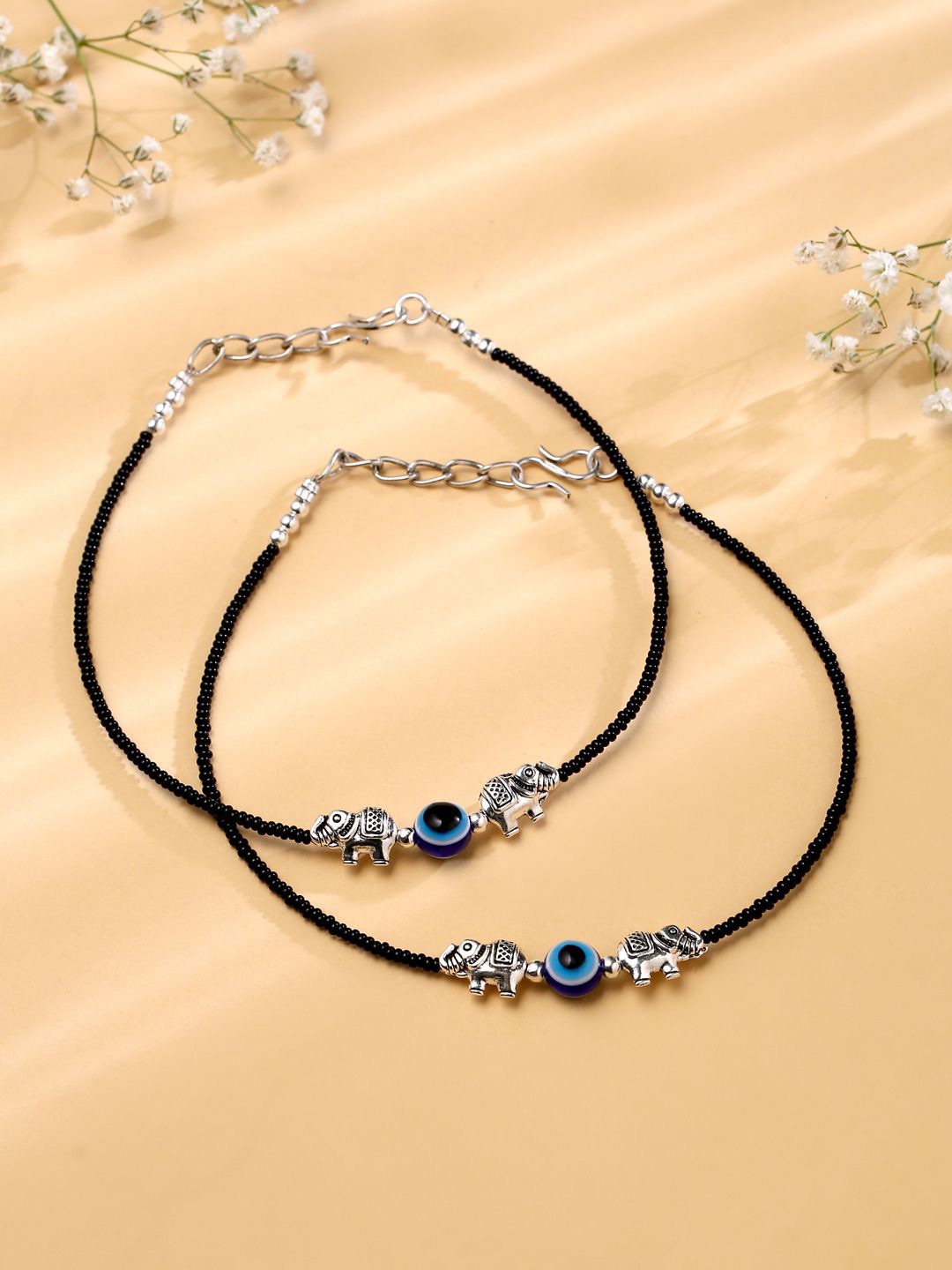 

VIRAASI Set of 2 Brass-Plated Evil Eye & Elephant Anklets, Silver