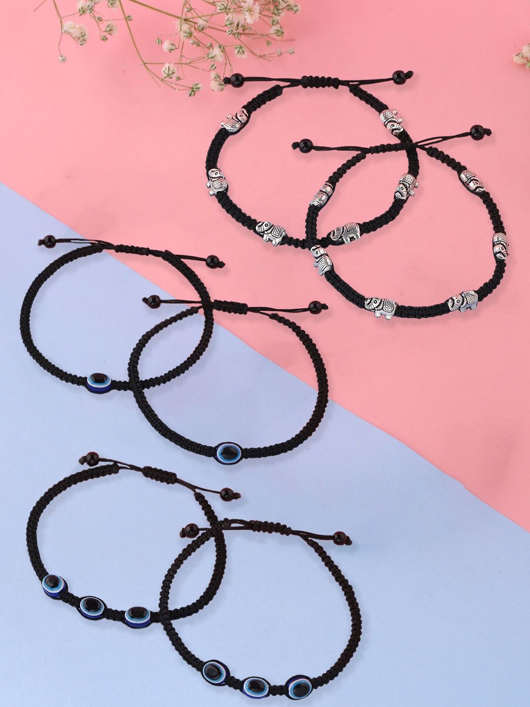 

VIRAASI Set of 3 Brass-Plated Evil Eye Anklets, Silver