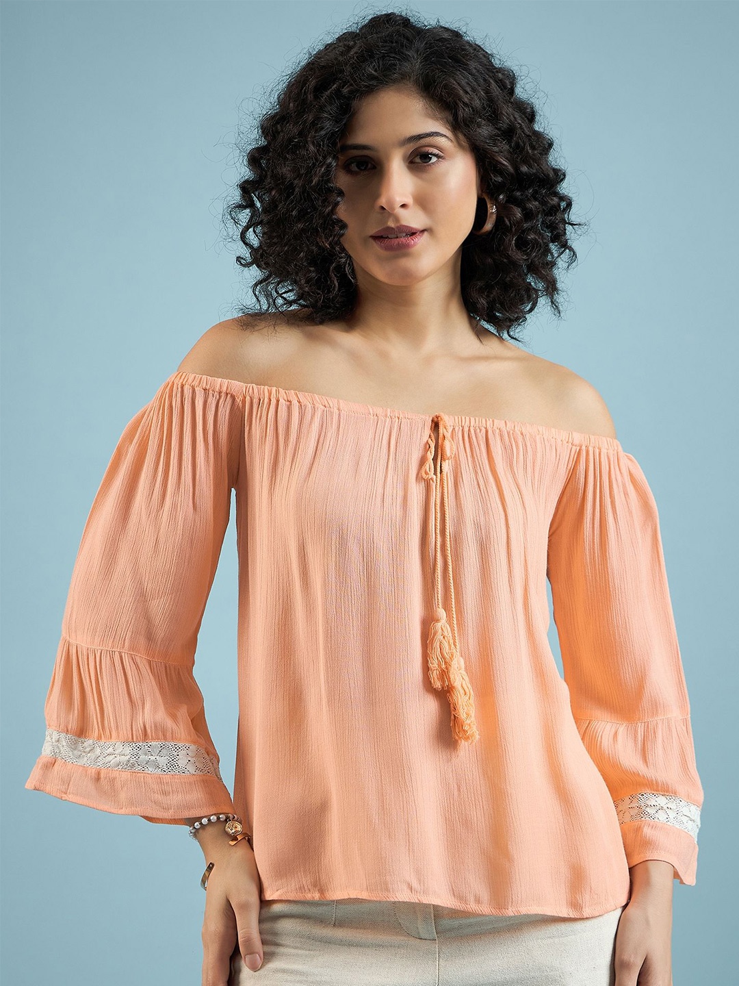 

DressBerry Women Solid Off-Shoulder Viscose Rayon Top, Peach