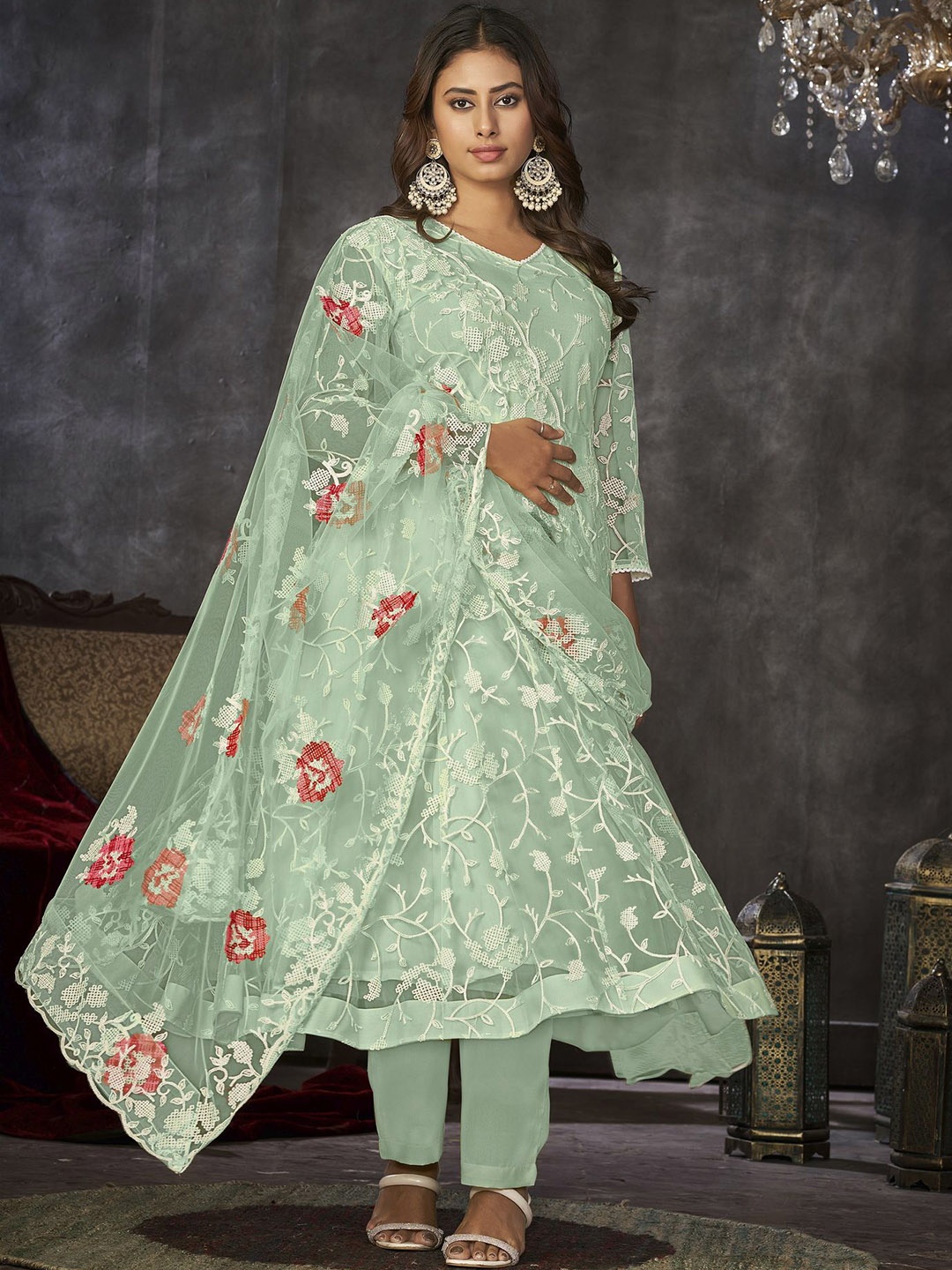 

Warthy Ent Floral Embroidered Net Semi-Stitched Dress Material, Green