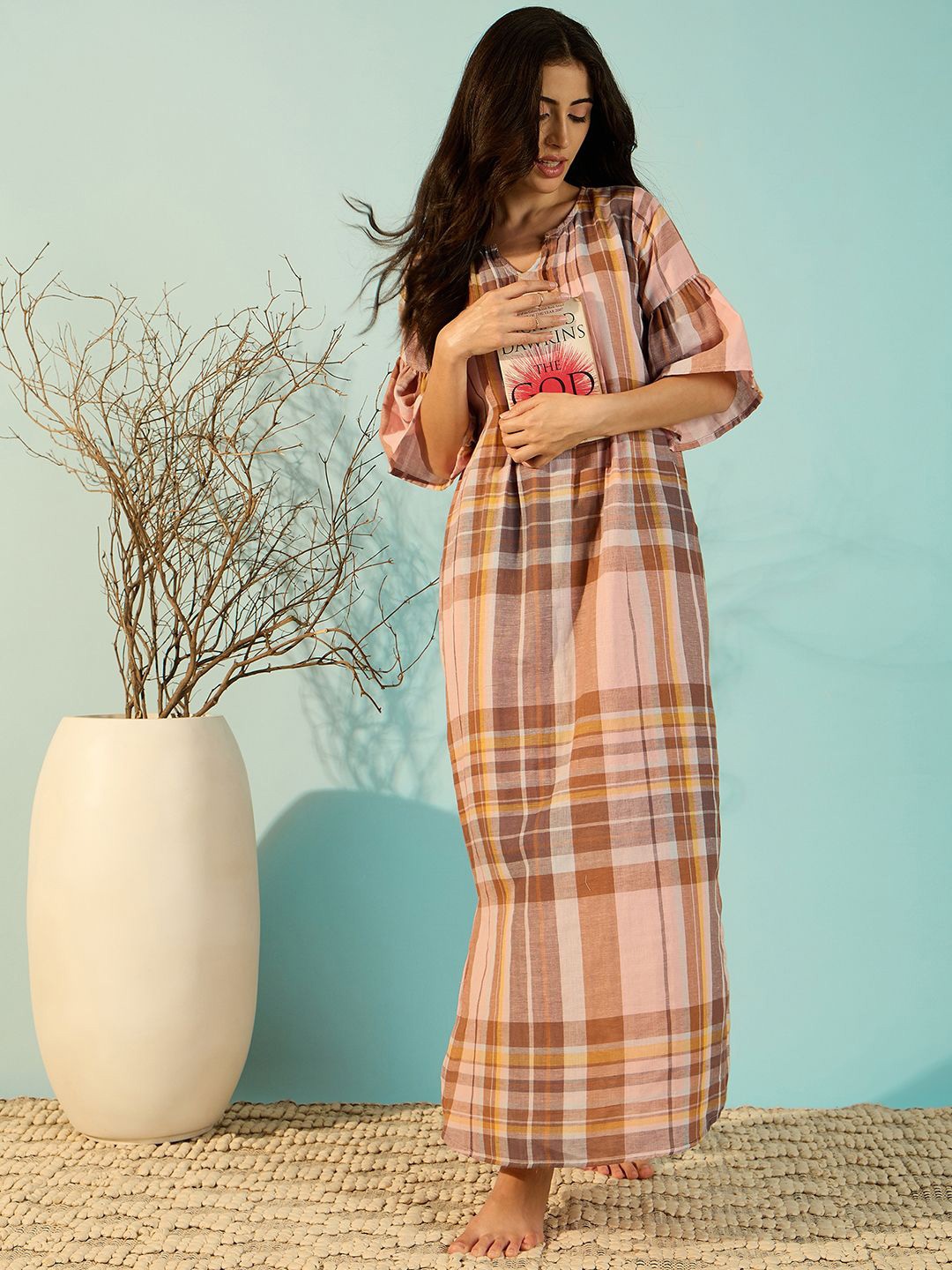 

The Kaftan Company Printed Maxi Nightdress, Peach