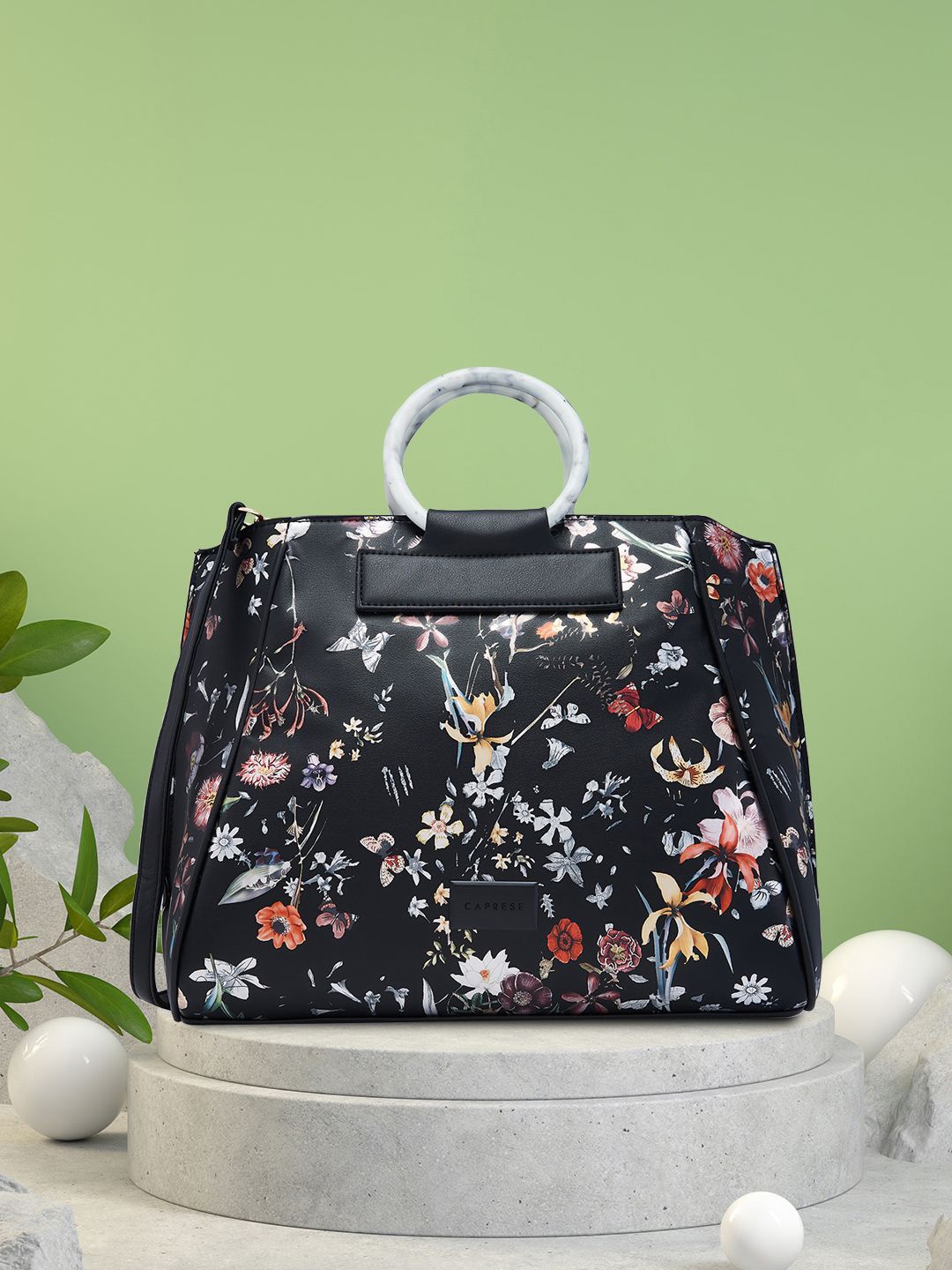 

Caprese Floral Printed PU Structured Handheld Bag with Quilted, Black