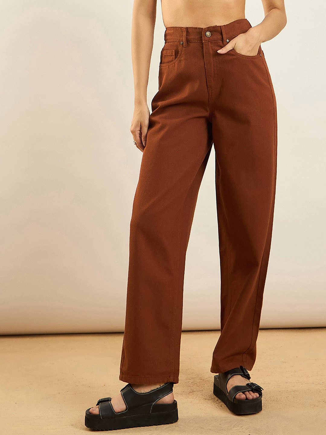 

SASSAFRAS Women Straight Fit High-Rise Acid Wash Jeans, Rust
