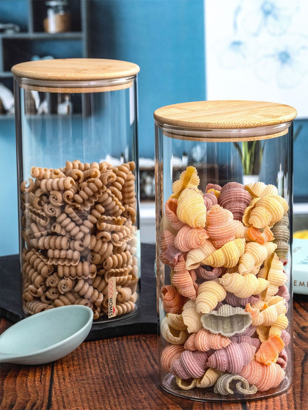 

GOODHOMES Transparent 2 Pieces Glass Storage Jars With Wooden Lids 1.4 L Each