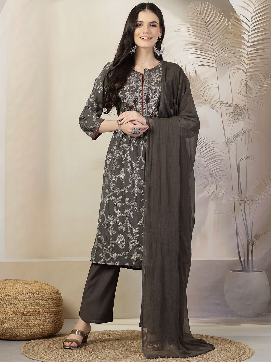 

Nayam By Lakshita Bandhani Printed Straight Kurta With Palazzos & Dupatta, Grey