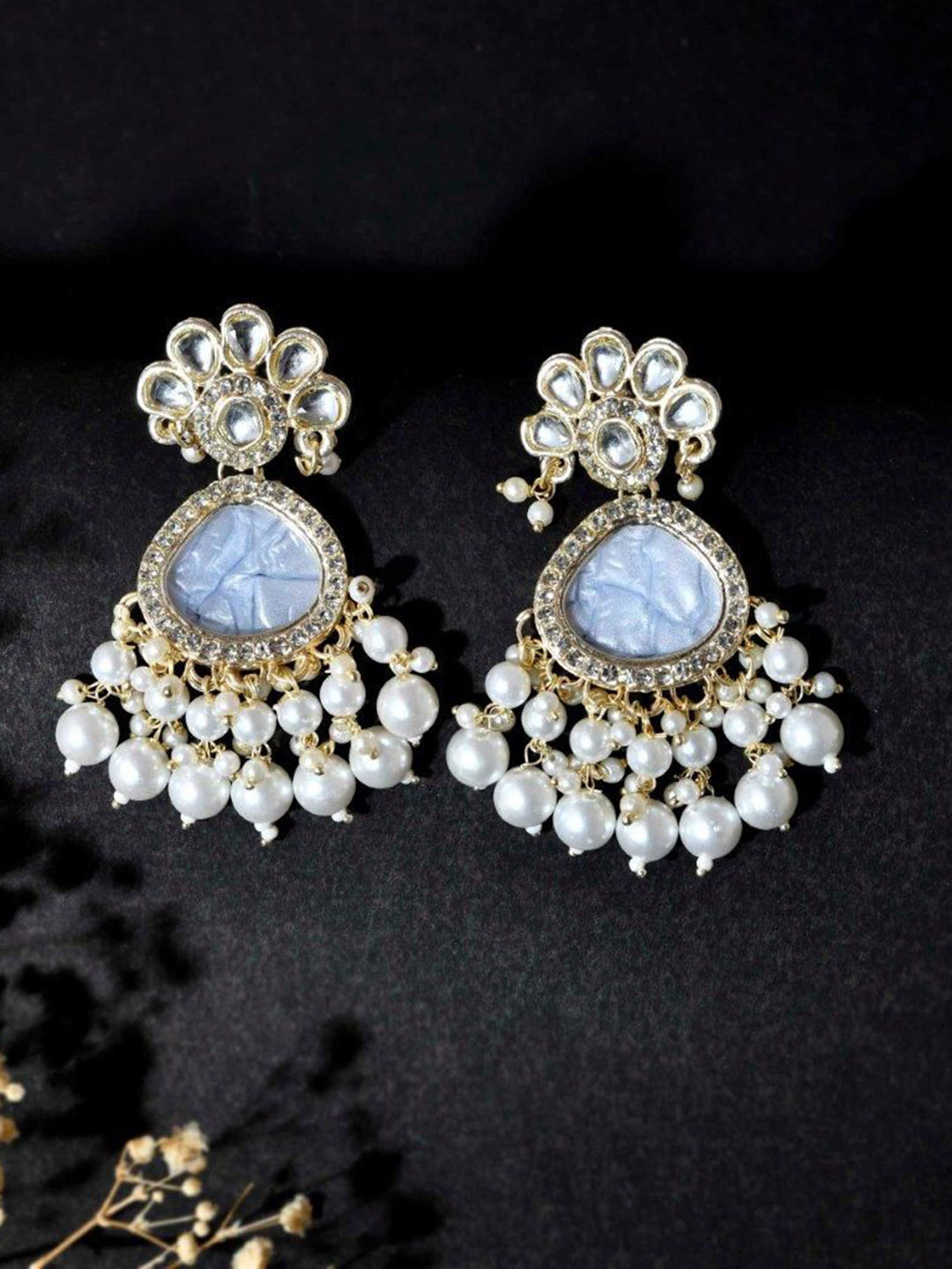 

VOJ Stainless Steel Gold-Plated Kundan Studded & Beaded Drop Earrings
