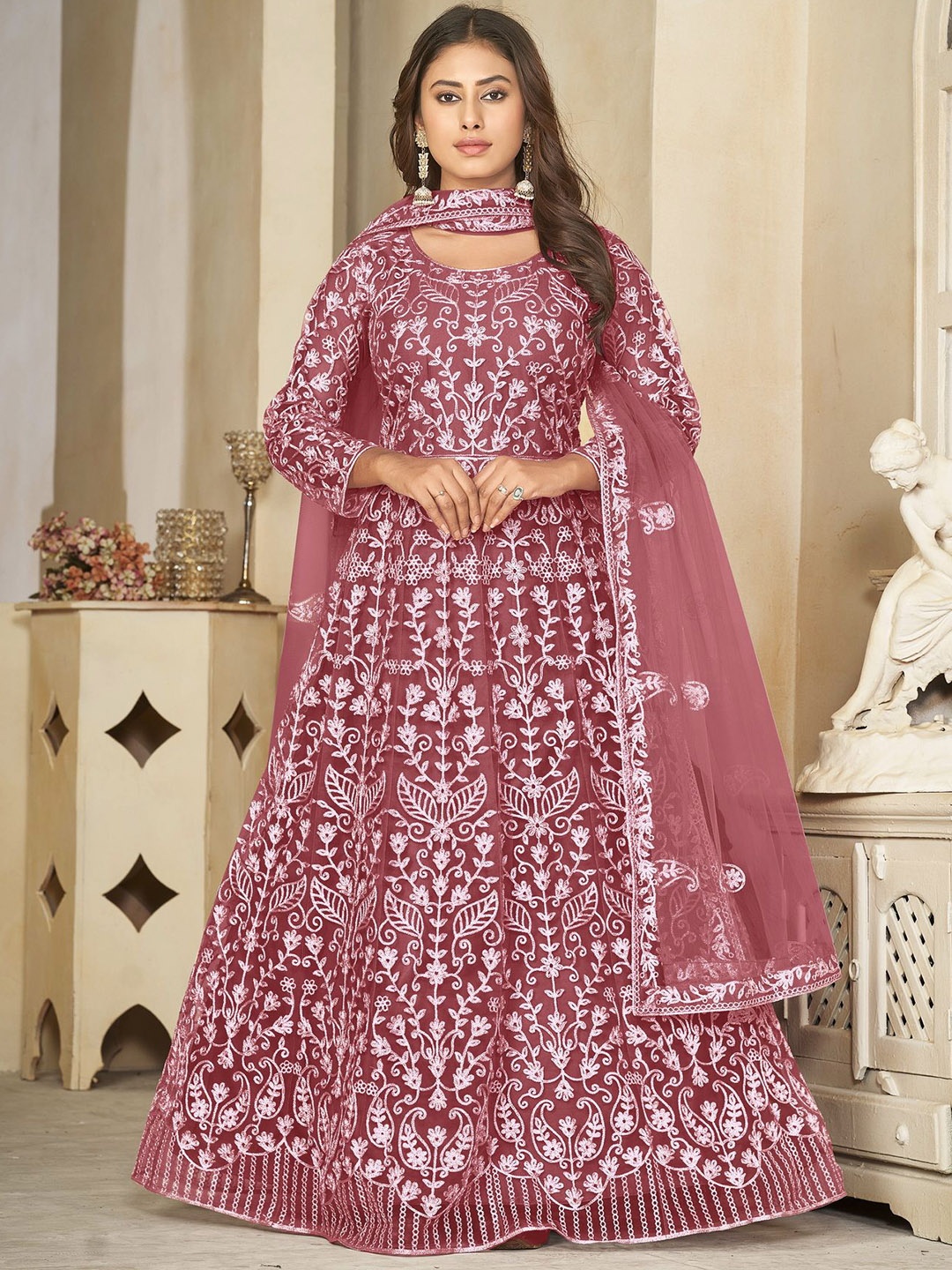 

Warthy Ent Floral Embroidered Net Semi-Stitched Dress Material, Orange