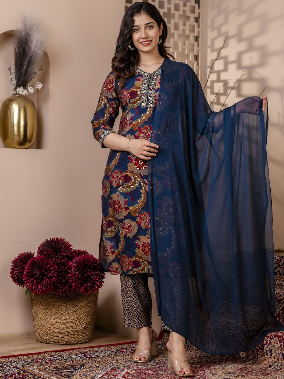 

Charu Floral Printed V-Neck Thread Work Straight Kurta with Trousers & With Dupatta, Navy blue