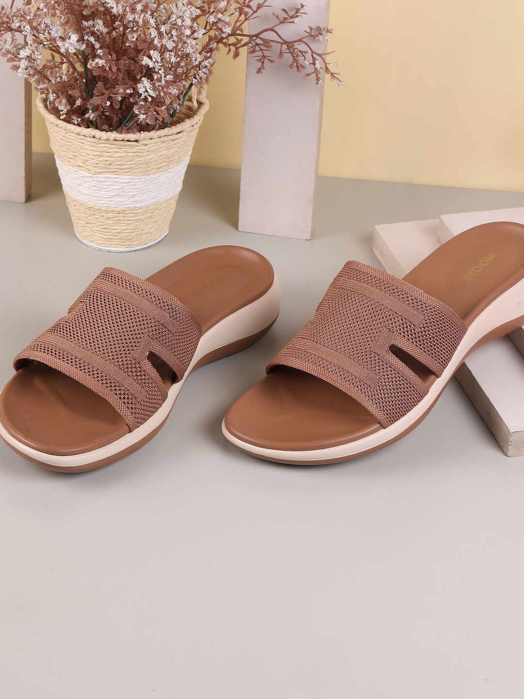

Mochi Women Woven Design Open Toe Flats, Tan