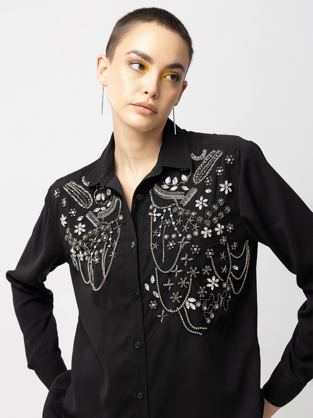 

Diwaah Women Standard Spread Collar Solid Party Shirt, Black