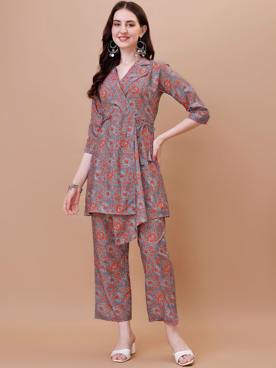 

Growdamy Floral Printed Pure Cotton Top With Palazzos, Red