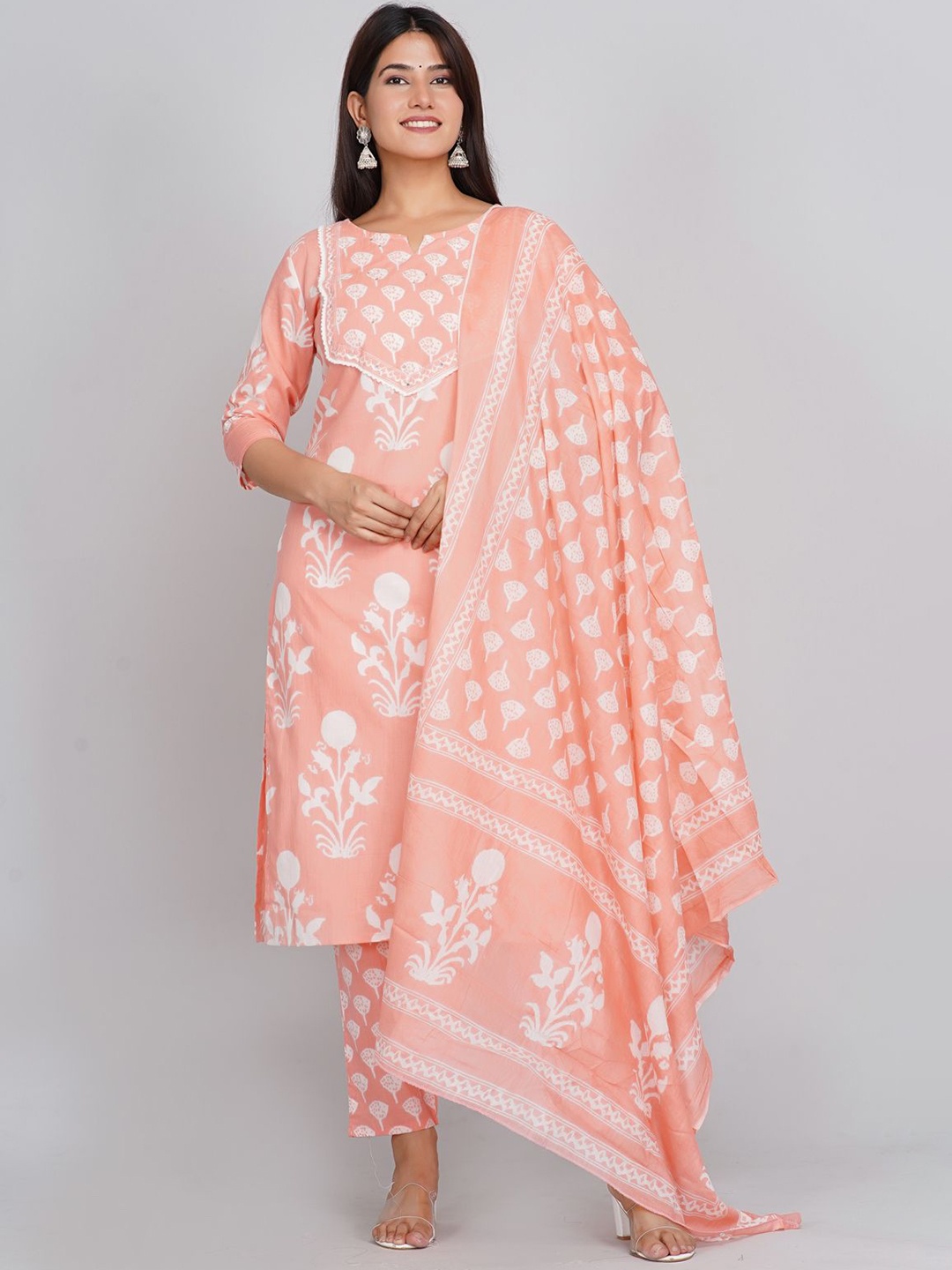

Neemiya Floral Printed Notch Neck Mirror Work Straight Kurta with Trousers & Dupatta, Orange