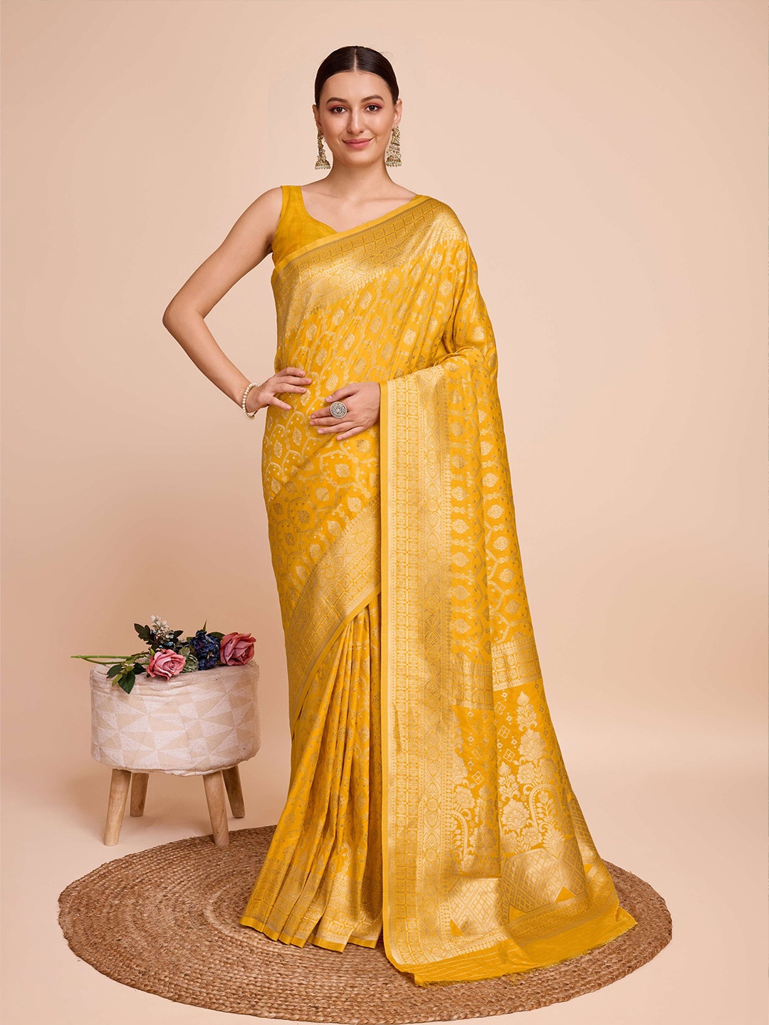 

Upalksh Woven Design Zari Silk Cotton Banarasi Saree, Yellow