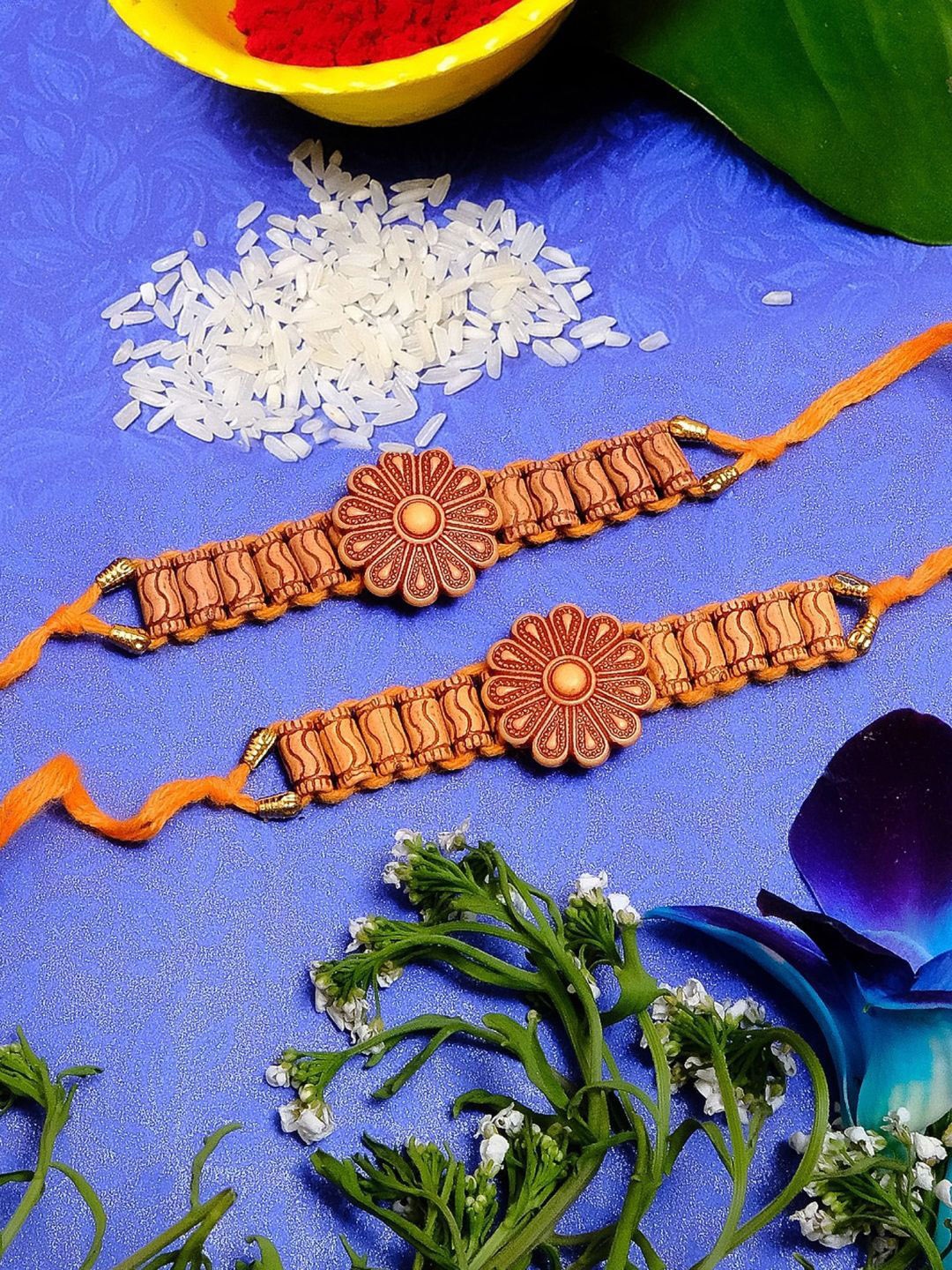 

Crunchy Fashion Set Of 2 Beaded Thread Rakhi With Roli Chawal, Brown